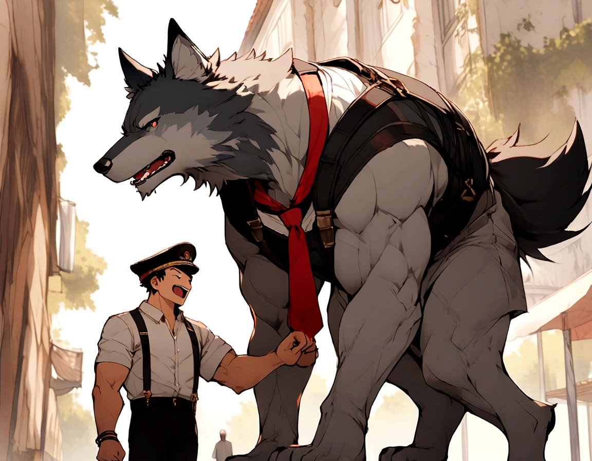 Tall, moderately muscular, wolf, gray fur, white shirt, red tie, suspenders, black trousers, happy, poking at a human man, short man, grumpy, annoyed, casual outfit, black blobs on skin, fair skin, dark hair, military cap, moderate size difference