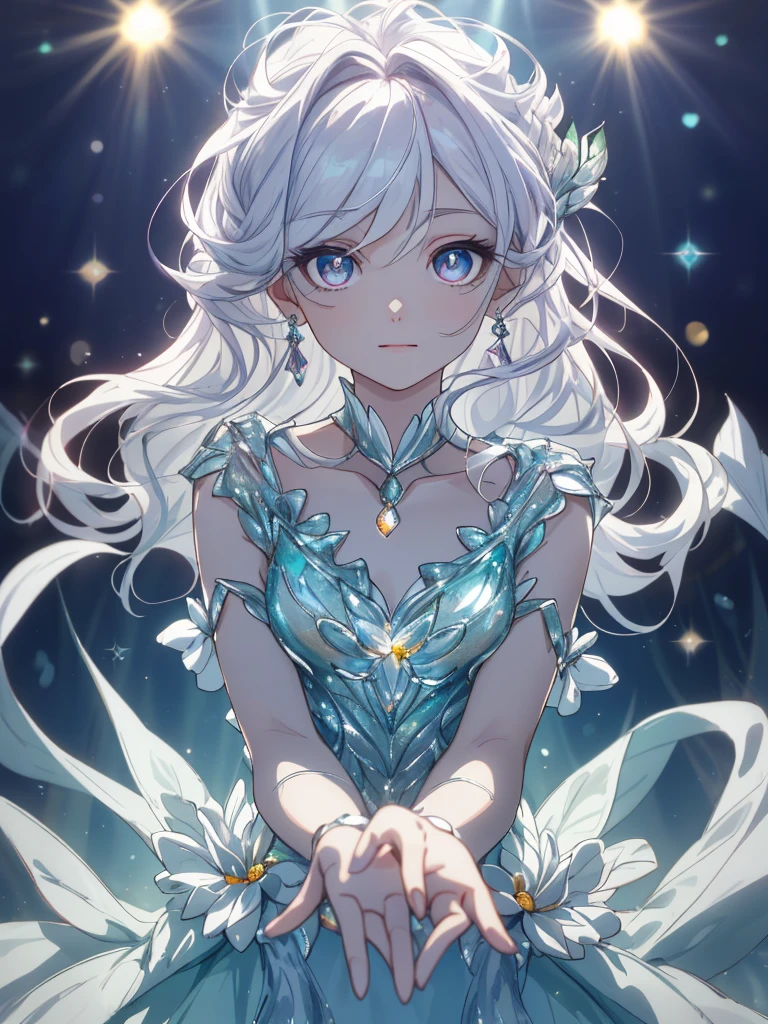 masterpiece, highest quality, figure, alexandrite eyes and hair, platinum earrings, Platinum Necklace, white dress, The Little Mermaid, cute, (dynamic lighting:1.2), cinematic lighting, delicate features, fine eyes, sharp pupils, realistic student, Depth of bounds written, Bokeh, sharp focus, (very detailed, bloom, shine:1.4), Many Small Gems, big