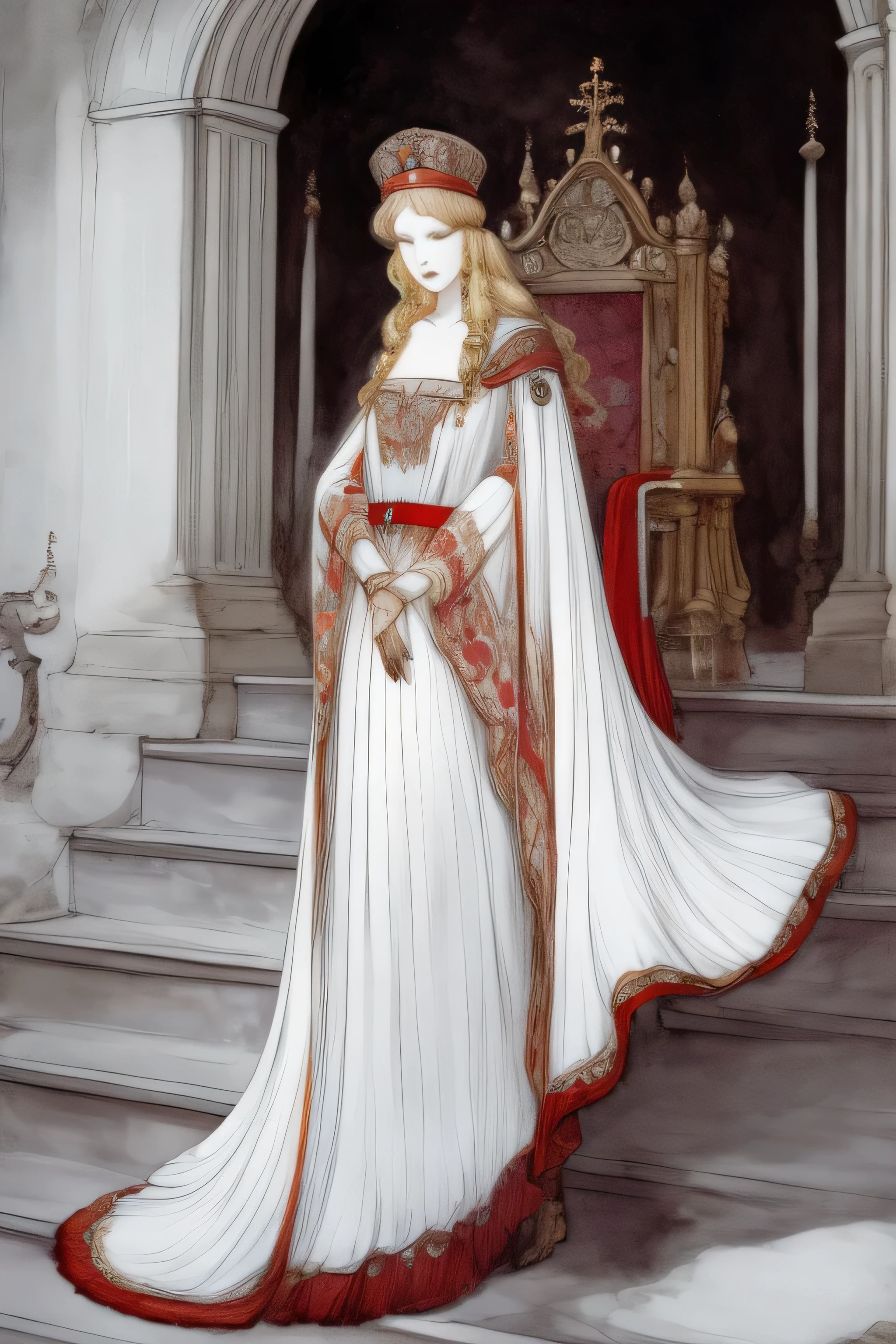 1 woman, 30 years old, solo focus, masterpiece, depth of field, highly detailed face and body, tall and slender, beautiful face, prettiest face, perfect face, tranquil expression, staring straight ahead, long and straight blonde hair, (white gown:1.4), elaborate diamond jewelry, (white pill box hat:1.4), (throne with red cushions behind her:1.2), standing on a dais, (train of gown flows down steps of dais:1.4), wall behind her covered in cogs and gears in copper and gold 