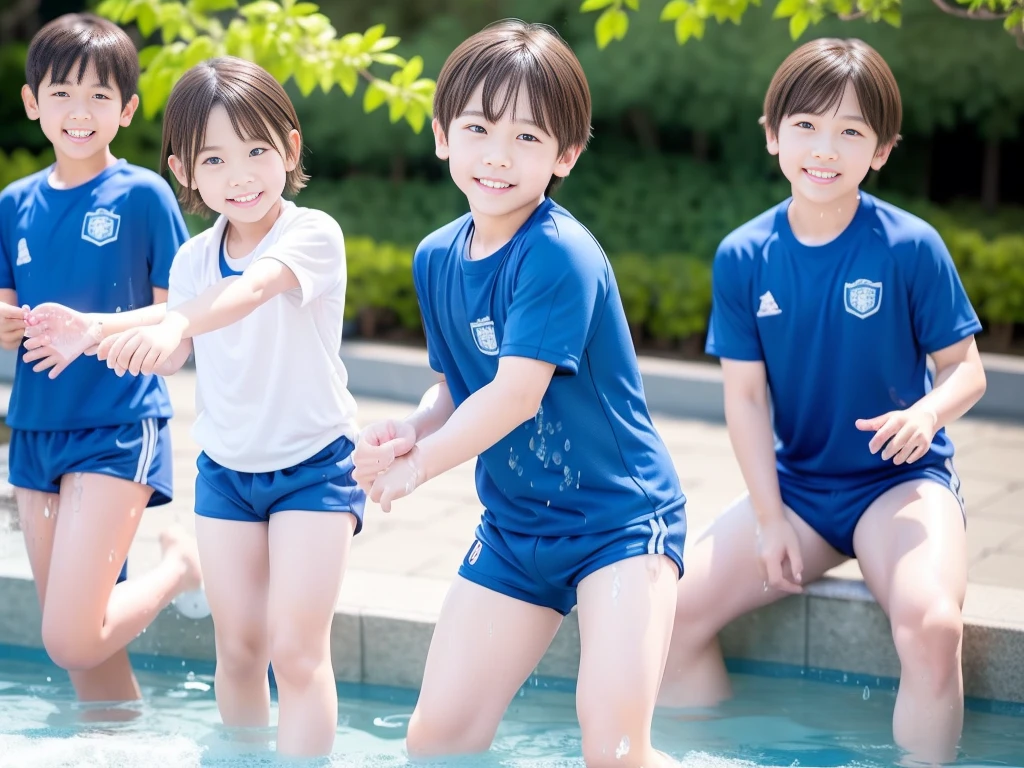 夏休みのprimary school校、Pool、primary school５Grade、Japan Boy、Glowing water splashes、A good boy dripping with water、hot day、Two Boys、Various poses、Short sleeve gym uniform、Blue shorts、physical education、barefoot，（Boy 1.4）、Boys only 、(１０Age 1.４)