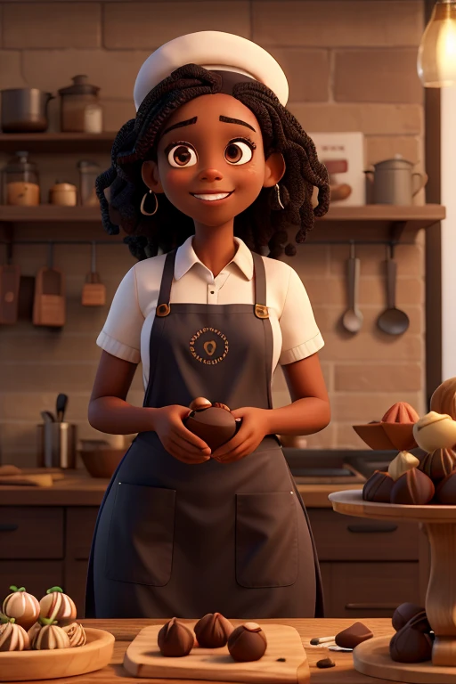 Black woman with straightened hair, making chocolate truffles, the truffles are big and in shape. She is wearing an apron and cap.