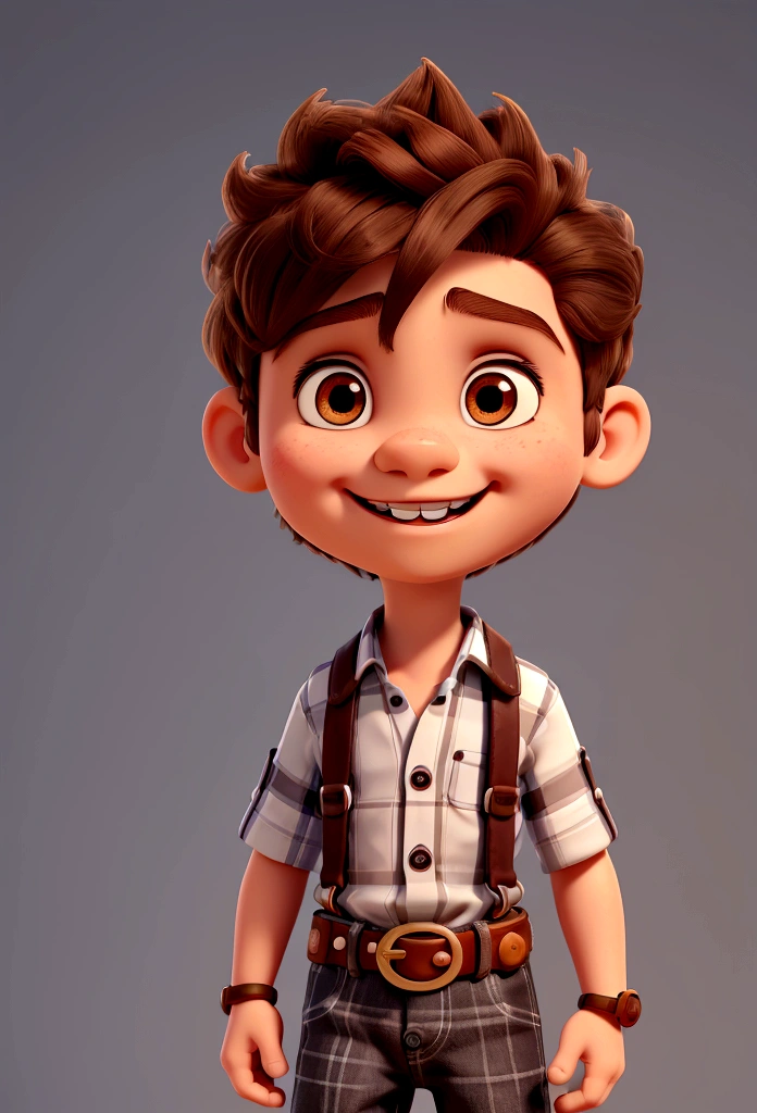 Cartoon character of a , short brown hair, eyes browns, forehead a little big, toothless smile but has two teeth, your clothes are cowboy, a white and black checkered blouse, blue jeans and a belt with a buckle, brown boots.