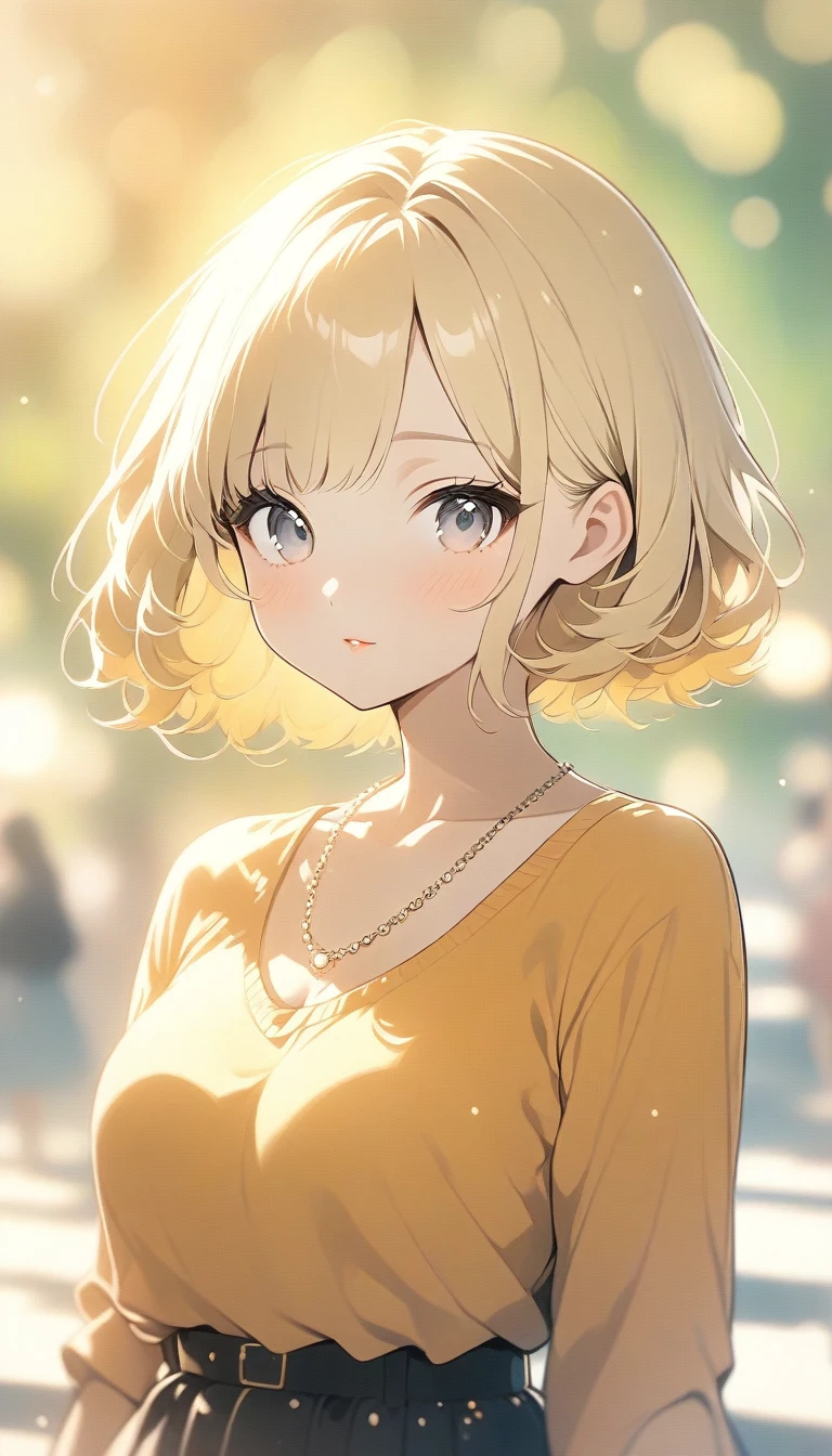 Curly Bob Cut, A platinum-haired woman in an orange collared shirt poses for a photo in the city, 8k art germany bokeh, well-proportioned body, 美しいKorean women, Gorgeous Necklace, 美しい若いKorean women, Soft Portrait Shot 8k, Korean Girls, Double eyelids and narrow eyes, beautiful grey eyes, Trans8K, Cute young woman, Korean women, Beautiful blonde girl