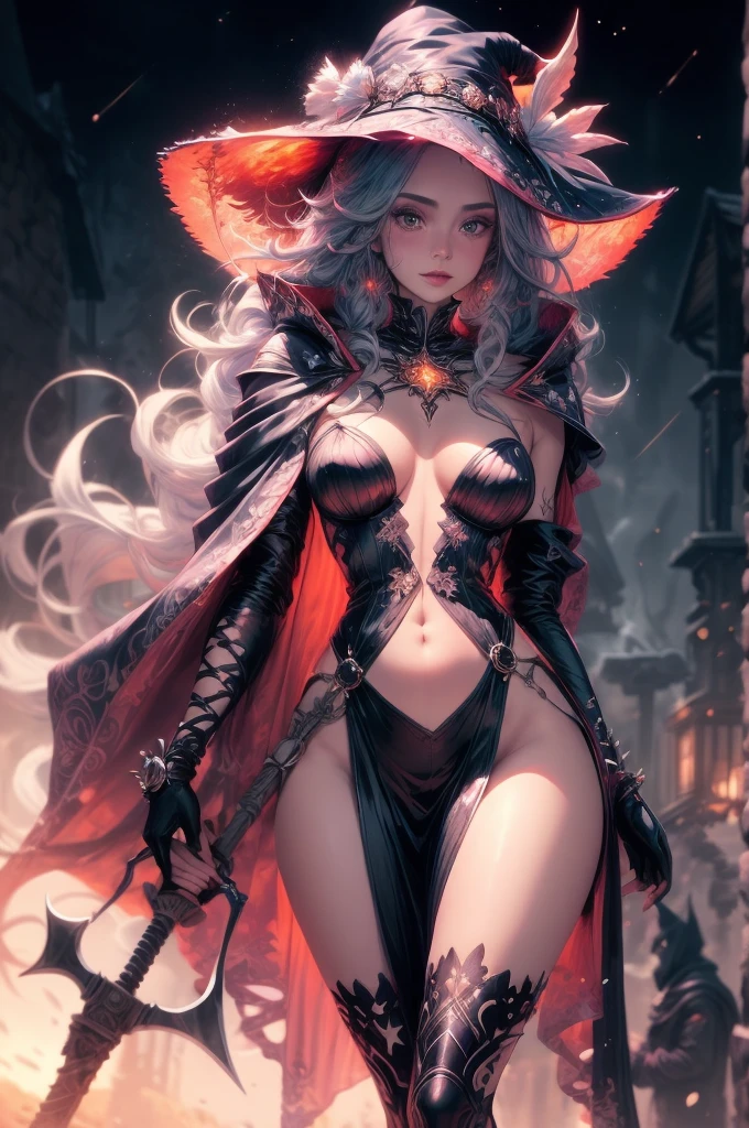 CLOSE UP OF A woman in a witch costume holding a large axe, nude, big , fashionable dark witch, dark witch character, astral witch clothes, fantasy art style, dark witch, anime fantasy illustration, beautiful ancient frost witch, beautiful celestial mage, anime fantasy artwork, a beautiful sorceress, from arknights, bright witch, beautiful wizard, /!\ the sorceress, by Yang J
