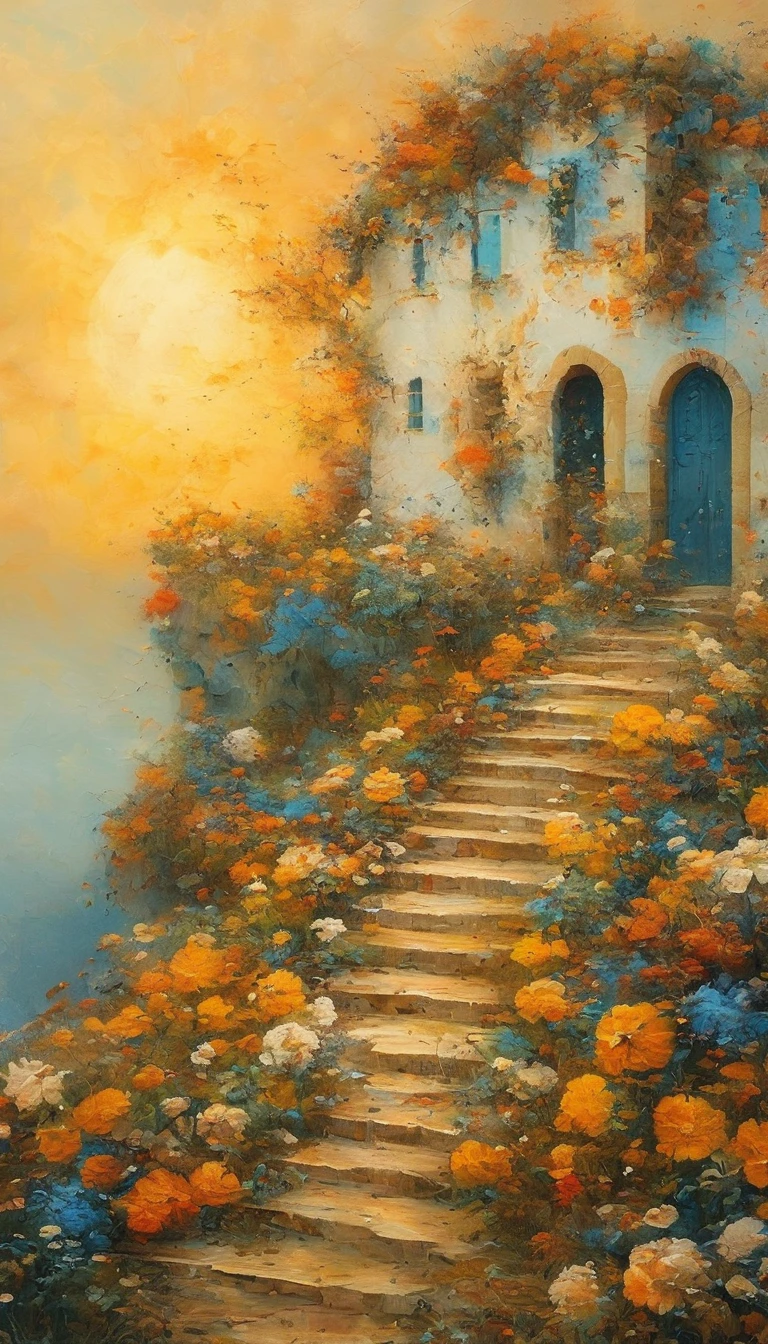 A beautiful ethereal landscape, a long white cloud staircase leading to a door in a Quiet blue sky, Fluffy soft white clouds, (Small Crescent),Like a dream, excellent, (best quality, 4K,8K, high resolution, masterpiece :1.2), Very detailed, (Practical, photopPractical, Photo Practical :1.37), landscape, fantasy, Dramatic Lighting, Vibrant colors, Quiet, calm, calm, Ethereal atmosphere