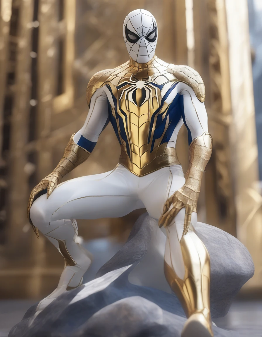 spider man in white and gold suit, in the style of vray tracing, fantasy illustration, organic sculpting, dynamic lighting, close up, dragoncore, light indigo and gold