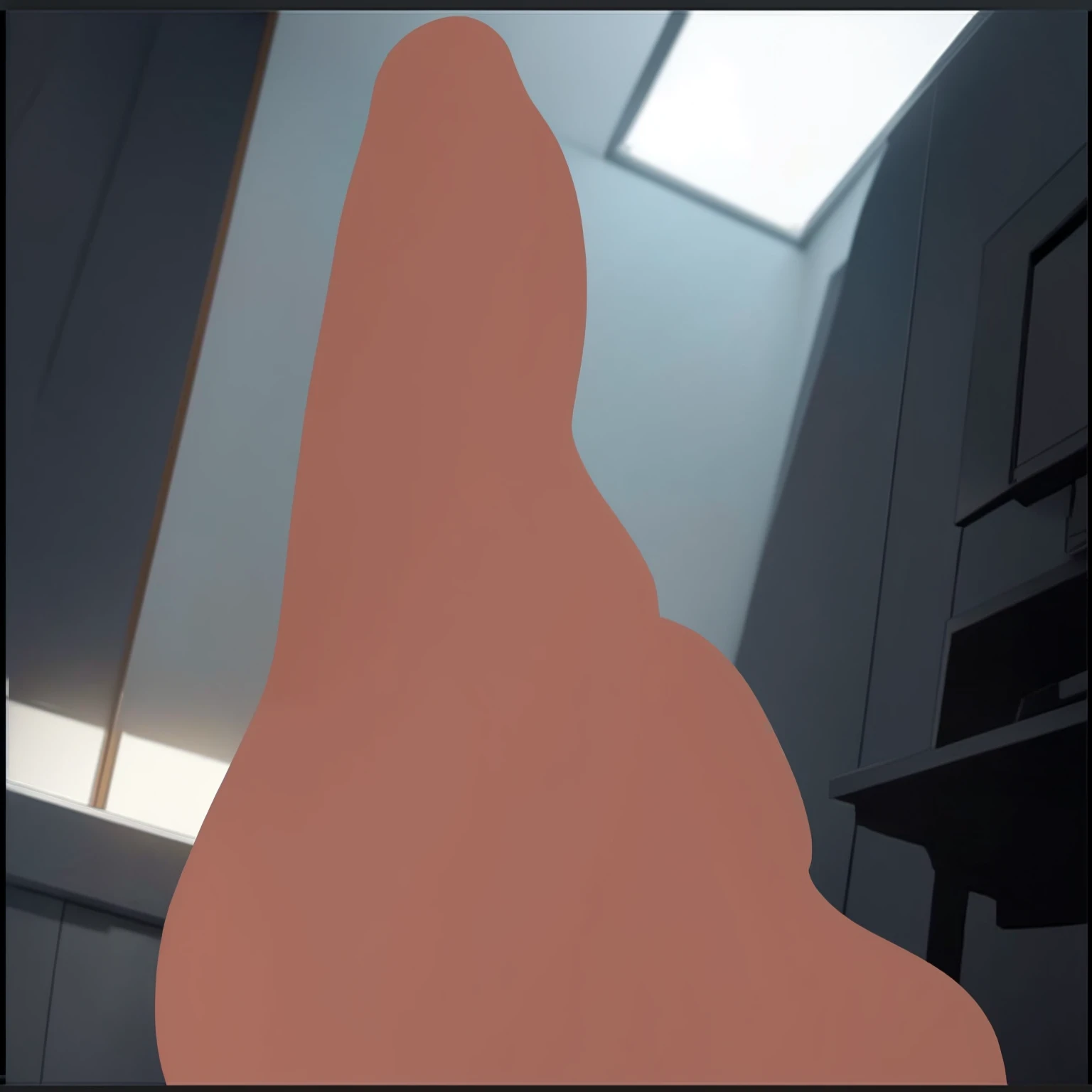 there is a silhouette of a person standing in a room, detailed unblurred face, obscured underexposed view, rendered in pov - ray, cinematic bust shot, low detailed. digital painting, heavy jpeg artifact blurry, face obscured, neck zoomed in from lips down, diffuse outline, detailed with shadows, cinematic level shot, face partially obscured, The ceiling features a large, rectangular, recessed light fixture that provides bright, white illumination.
The walls are smooth and painted in a neutral grayish-blue color.
On the left side, there is a vertical strip of wood that frames the edge of a wall or door.
The right side shows part of a large, dark-colored cabinet or piece of furniture.
The floor is not clearly visible, but the lighting suggests it may be reflecting some light, indicating a polished surface.
The overall ambiance is clean and contemporary, with a focus on minimalism and functionality.