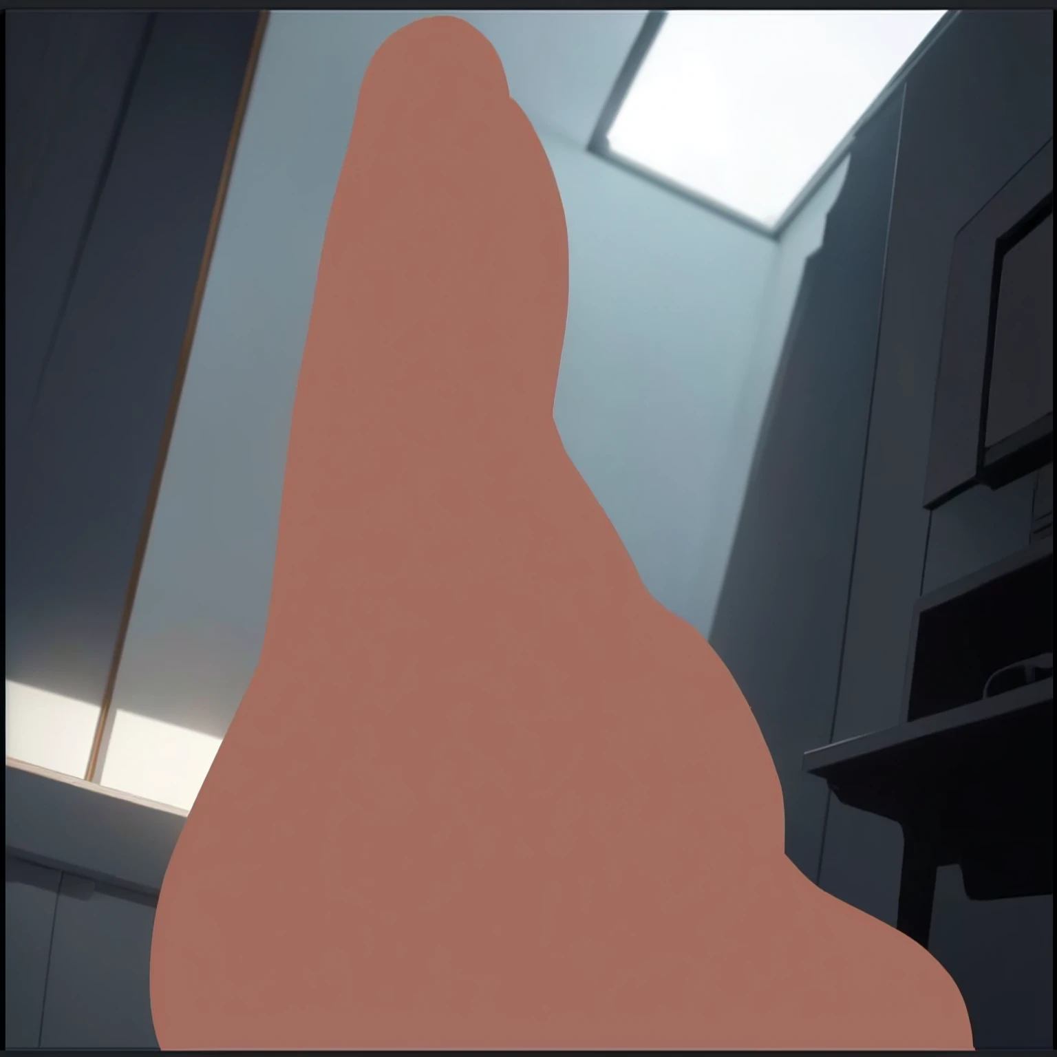 there is a silhouette of a person standing in a room, detailed unblurred face, obscured underexposed view, rendered in pov - ray, cinematic bust shot, low detailed. digital painting, heavy jpeg artifact blurry, face obscured, neck zoomed in from lips down, diffuse outline, detailed with shadows, cinematic level shot, face partially obscured, The ceiling features a large, rectangular, recessed light fixture that provides bright, white illumination.
The walls are smooth and painted in a neutral grayish-blue color.
On the left side, there is a vertical strip of wood that frames the edge of a wall or door.
The right side shows part of a large, dark-colored cabinet or piece of furniture.
The floor is not clearly visible, but the lighting suggests it may be reflecting some light, indicating a polished surface.
The overall ambiance is clean and contemporary, with a focus on minimalism and functionality.