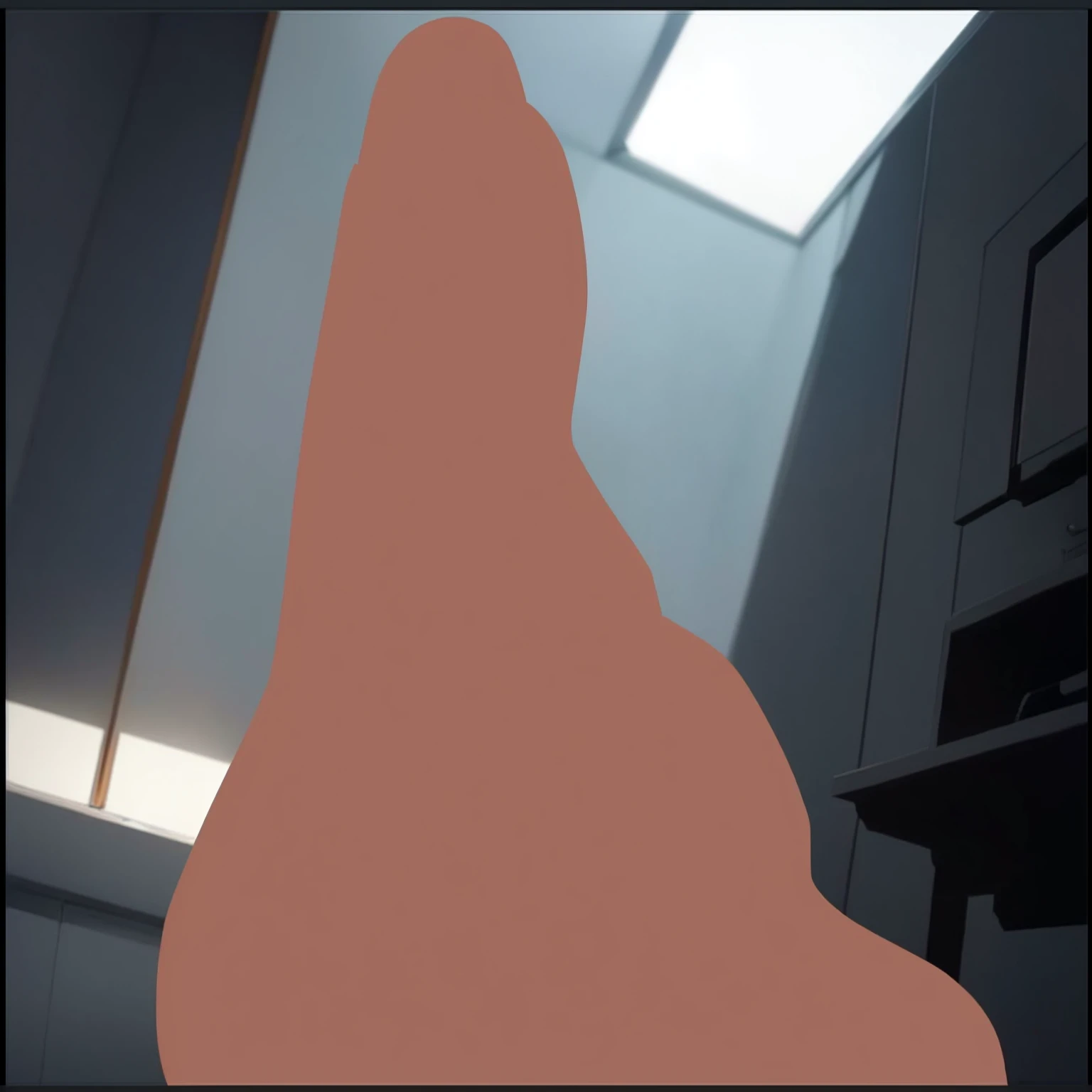 there is a silhouette of a person standing in a room, detailed unblurred face, obscured underexposed view, rendered in pov - ray, cinematic bust shot, low detailed. digital painting, heavy jpeg artifact blurry, face obscured, neck zoomed in from lips down, diffuse outline, detailed with shadows, cinematic level shot, face partially obscured, The ceiling features a large, rectangular, recessed light fixture that provides bright, white illumination.
The walls are smooth and painted in a neutral grayish-blue color.
On the left side, there is a vertical strip of wood that frames the edge of a wall or door.
The right side shows part of a large, dark-colored cabinet or piece of furniture.
The floor is not clearly visible, but the lighting suggests it may be reflecting some light, indicating a polished surface.
The overall ambiance is clean and contemporary, with a focus on minimalism and functionality.