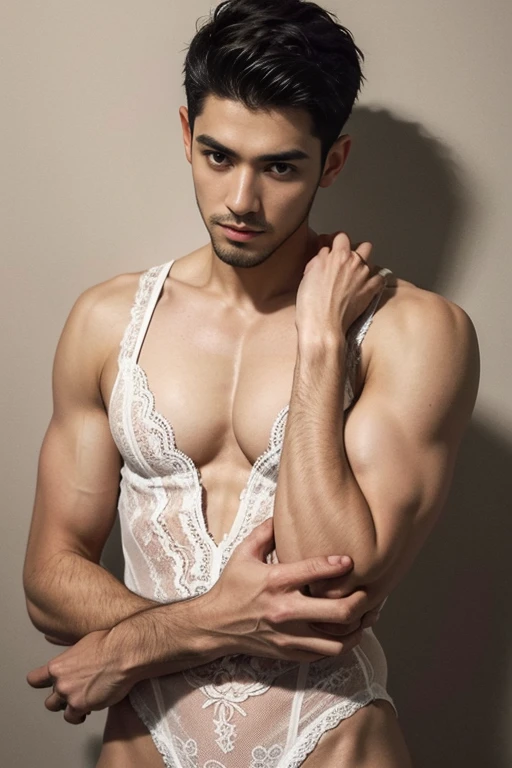 1 15 year old boy, latino young man,3 days small beard,Skinny,youngster,normal body , slavery , white sheer lace lingerie ,,intense look ,cover photo, Instagram Template, perfect hands , whole body