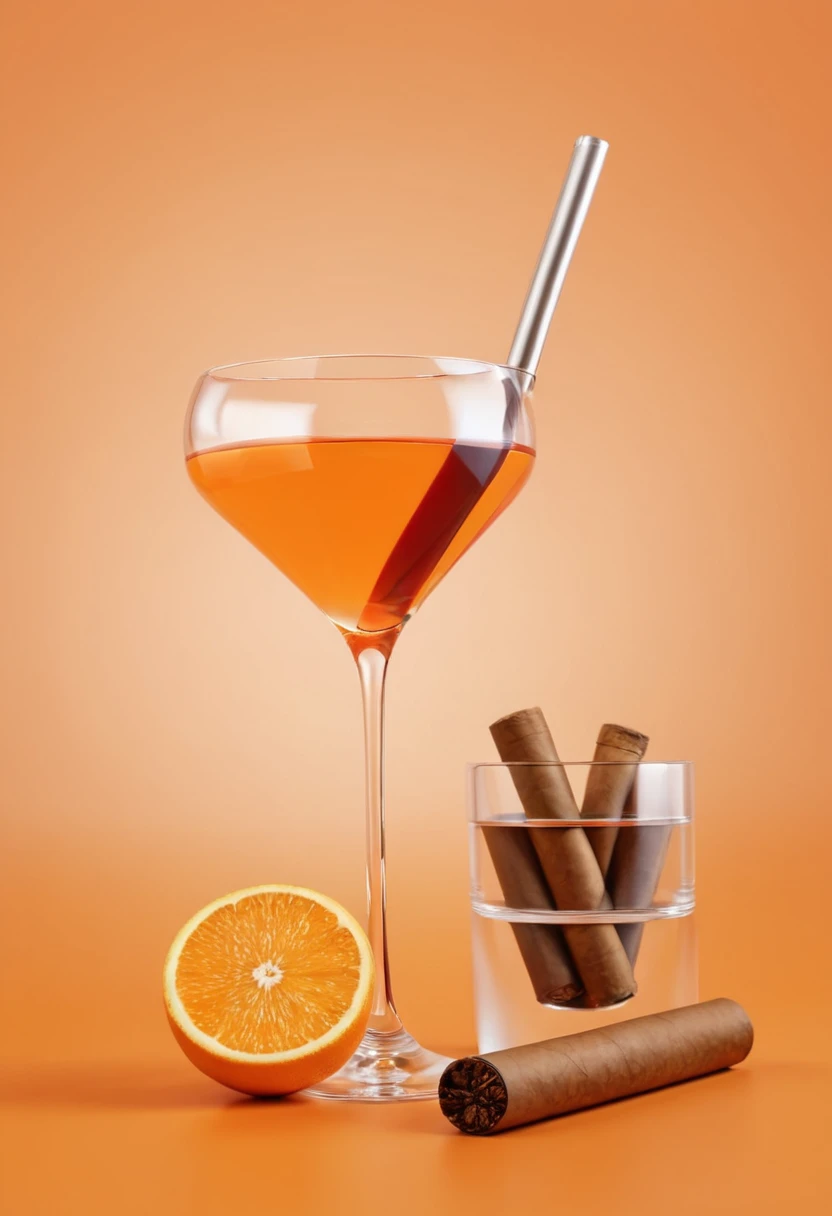 mix of 3d cocktail, glass of wine and cigar, clean minimal orange background