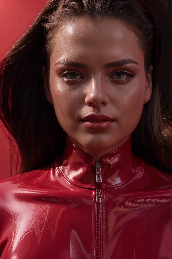 a woman wearing a red latex jumpsuit, black latex panty, detailed facial features, beautiful eyes, pink lips, shiny glossy latex, dramatic studio lighting, high contrast, hyper realistic, cinematic, 8k, masterpiece, photorealistic