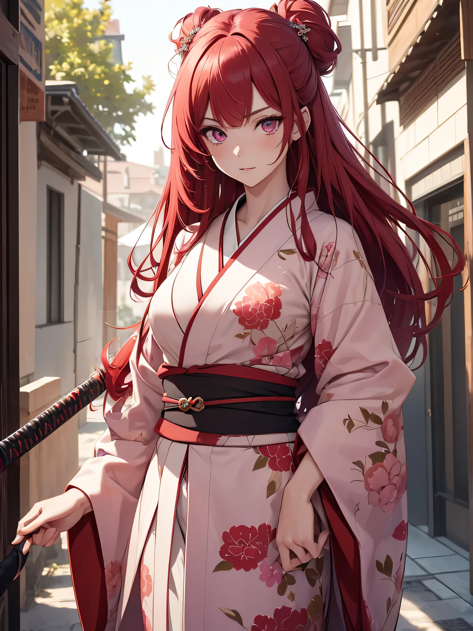 (8K, Best Quality, Masterpiece, Ultra High Resolution) 1 Girl, Beautiful Eyes, Face Details, Long Red Hair, Pink Eyes, Pale Skin, Wearing Red Kimono, Pink Details, Holding Katana Standing Outside, Best Quality, Upper Body, Looking at the Viewer, Facing Viewer, Close Up