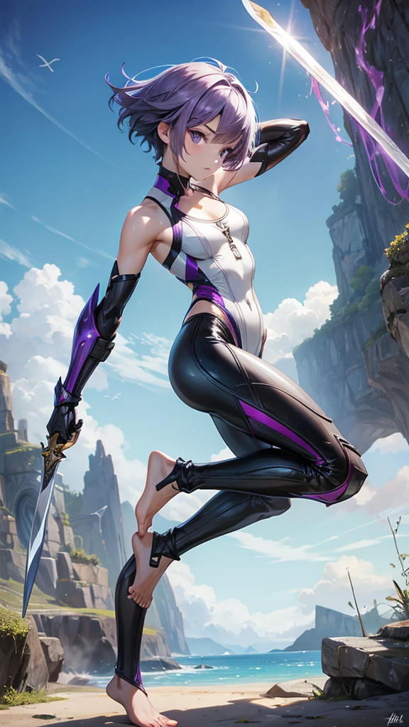 Young woman with purple short hair, gray skin and flat chest,High-fork swimsuit,cleavage,Bare arms,gauntlet,diving pants,barefoot,short sword,wire,Standing,valley cliff