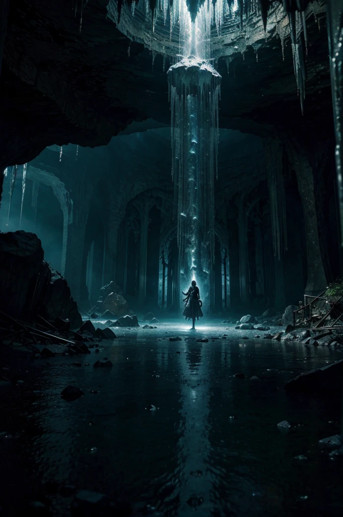 a huge terrifying magical cave, dark fantasy, intricate details, ethereal lighting, glowing crystals, towering stalactites, mysterious runes, arcane symbols, floating orbs of energy, ancient shimmering artifacts, adventurous explorer, best quality, 8k, highres, masterpiece, ultra-detailed, realistic, photorealistic, professional, dramatic lighting, cinematic composition, moody atmosphere, deep shadows, vibrant colors, otherworldly ambiance