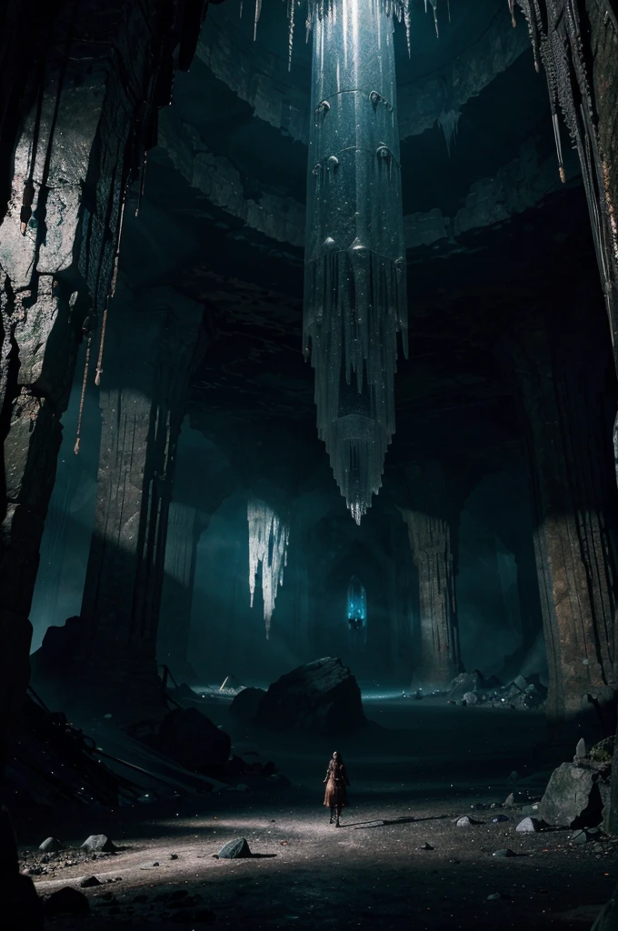 a huge terrifying magical cave, dark fantasy, intricate details, ethereal lighting, glowing crystals, towering stalactites, mysterious runes, arcane symbols, floating orbs of energy, ancient shimmering artifacts, adventurous explorer, best quality, 8k, highres, masterpiece, ultra-detailed, realistic, photorealistic, professional, dramatic lighting, cinematic composition, moody atmosphere, deep shadows, vibrant colors, otherworldly ambiance
