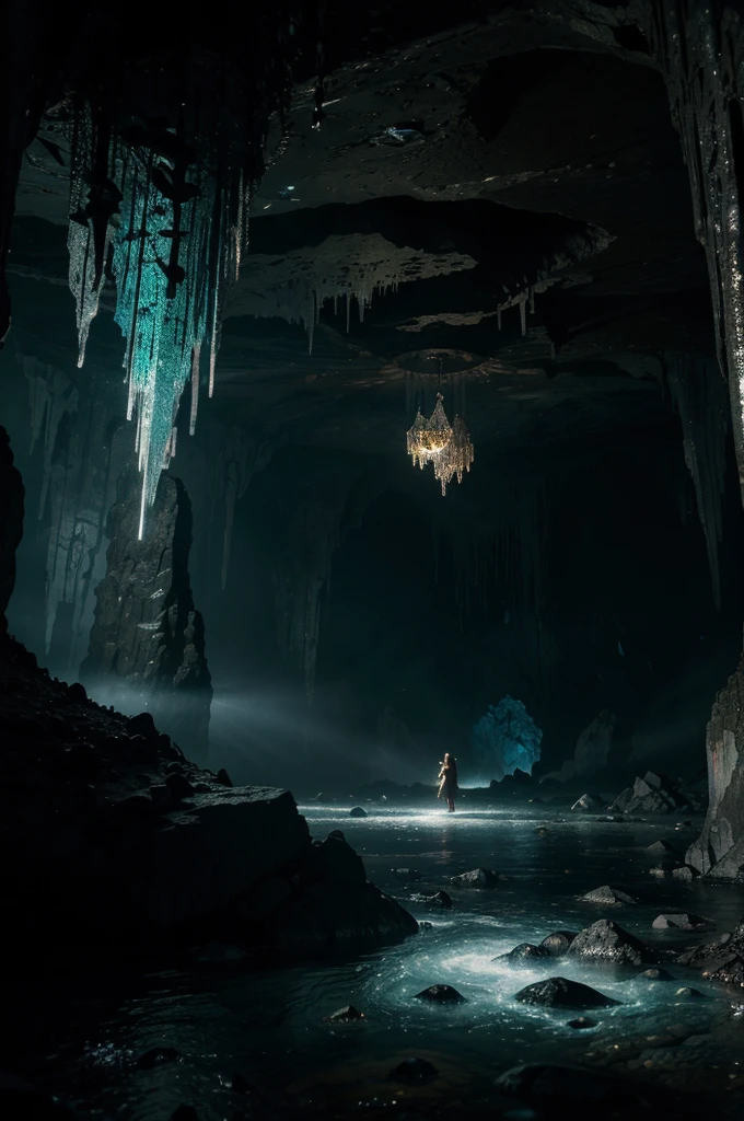 a huge terrifying magical cave, dark fantasy, intricate details, ethereal lighting, glowing crystals, towering stalactites, mysterious runes, arcane symbols, floating orbs of energy, ancient shimmering artifacts, adventurous explorer, best quality, 8k, highres, masterpiece, ultra-detailed, realistic, photorealistic, professional, dramatic lighting, cinematic composition, moody atmosphere, deep shadows, vibrant colors, otherworldly ambiance