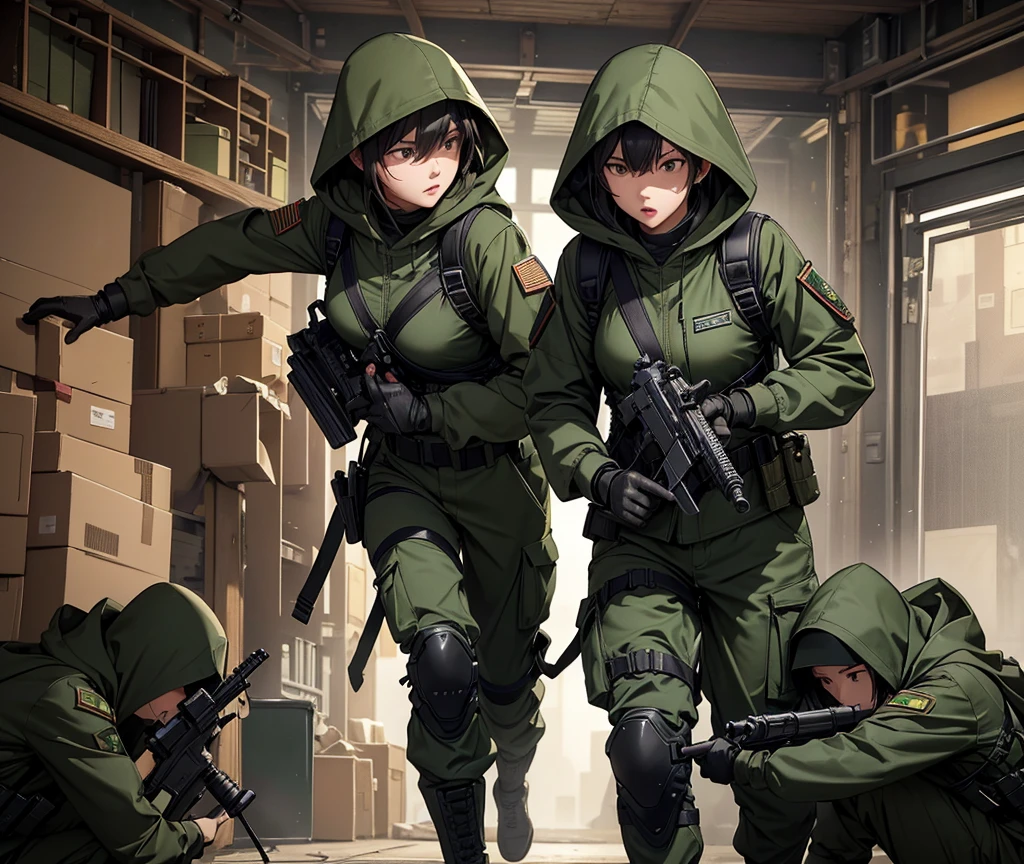 First-person shot、A group of female soldiers in close combat、Fighting ready posture、Wearing dark green M-51 hooded military uniform、Hooded on head、Dark green military pants，Wearing a magazine pouch、Tactical harness、Knee pads、best quality、Highly detailed CG、8K picture quality
