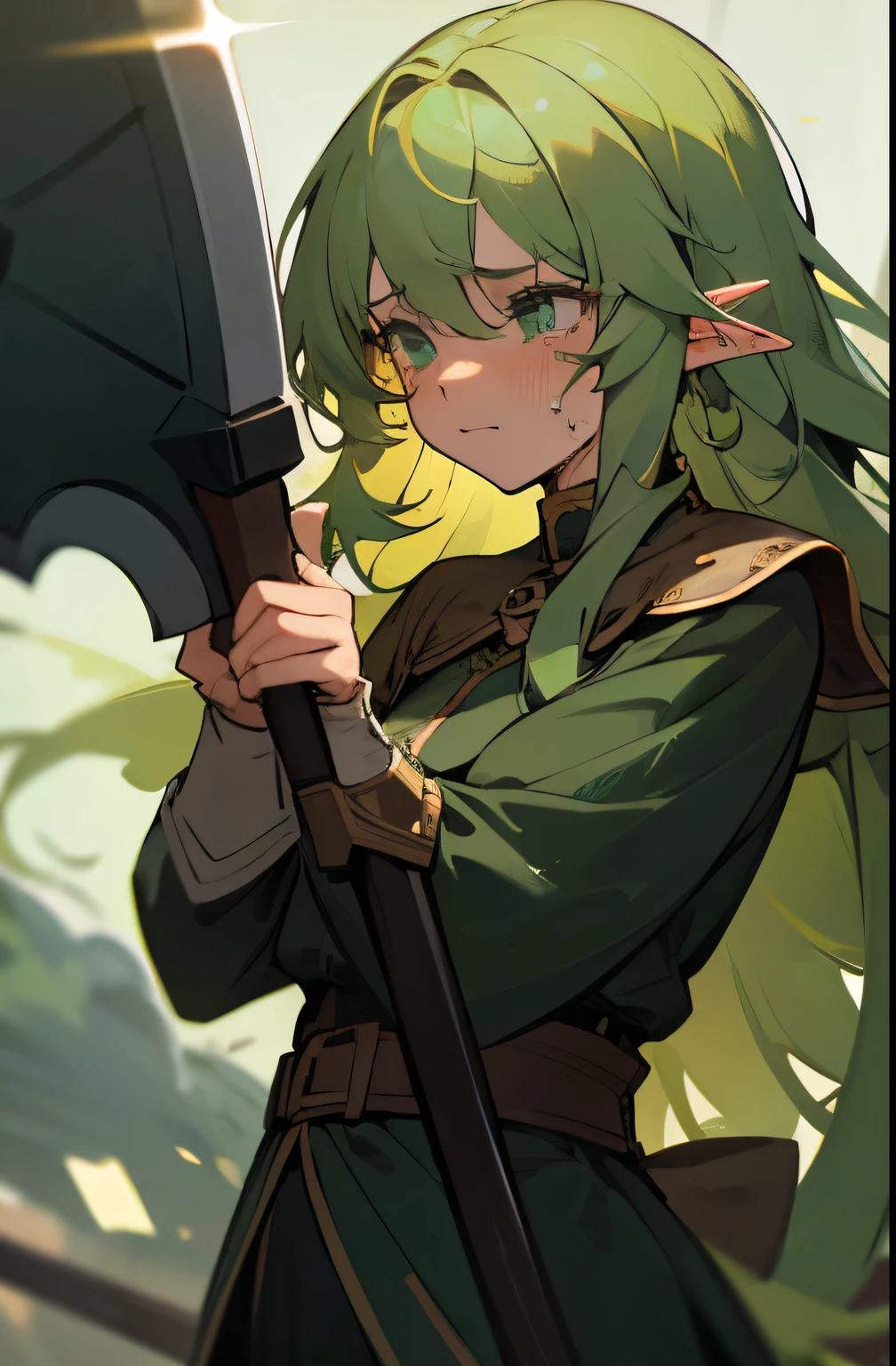 Best quality,high detail,masterpiece,1 woman,light green long curly hair,black eye,Elf,black and green clothes,Battle Axe, A crying expression