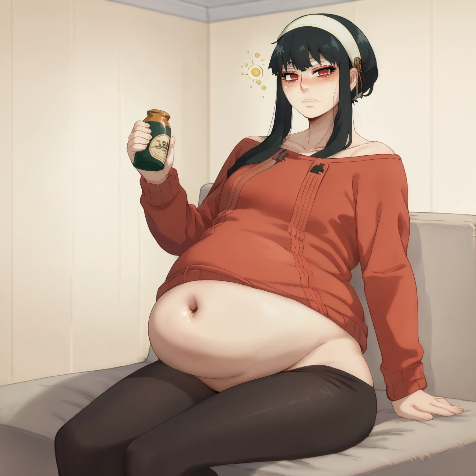 looking at viewer, solo, YorForger,1girl,((nude)),((full belly)),((no panties)),((very drunk)),((staggers)),black hair,red eyes,short hair with long locks, white hairband, off shoulder,red sweater, black pantyhose,((slumped)), ((on a sofa)), ((drank too much)), ((exhausted)), ((agitated)),