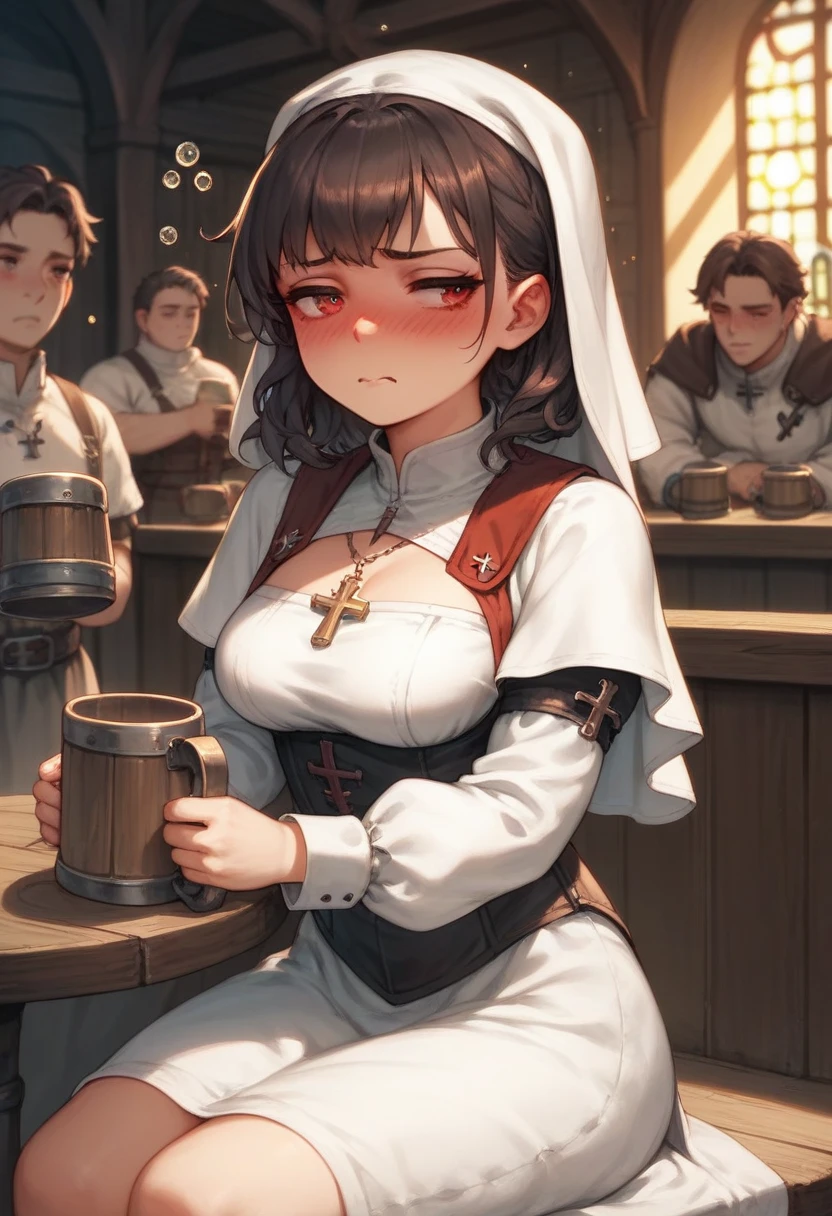 Adult female, average Height, very short brown nair, red eyes, cleric, black on white cleric robes, blushing, tsundere, sad, drunk, drinking from tankard, sitting, fantasy tavern, highly detailed, good detail, best detail, high quality, perfect eyes, looking away, perfect face