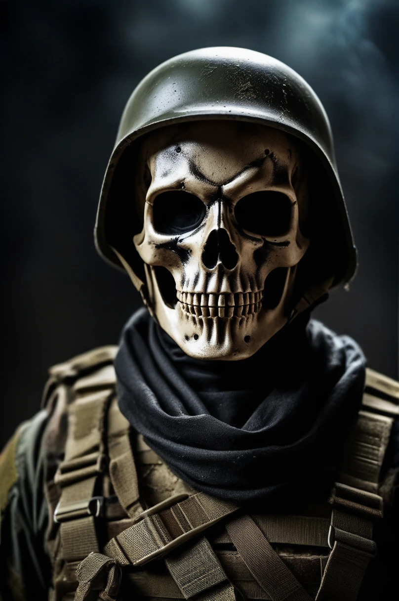 cinematic film is still a call of duty soldier, Skeleton mask, among the bodies of dead soldiers, Jumpy, Portrait photo, very dark cloth with Azrael theme, high détail, high resolution, high qualiy, . Shallow depth of field, vignette, highy detailed, high budget, bokeh, cinemascope, temperamental, epic, marvelous, Film grain, grainy