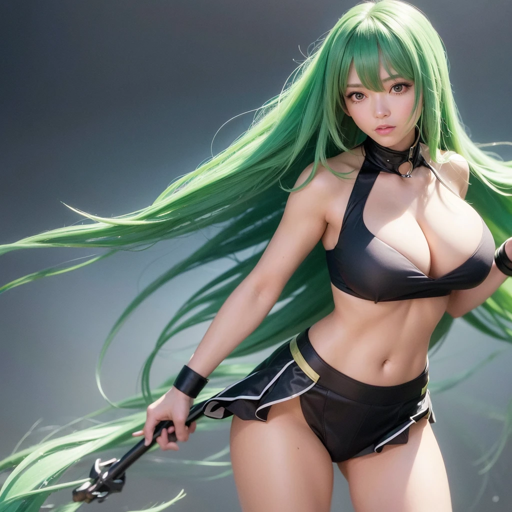 This female anime character has bright green hair, which is fluffy and messy, as if being blown by the strong wind, showing her bohemian personality. Her bangs cover part of her eyes, adding a sense of mystery. There is a bunch of hair on the top of the head that is tied into the shape of a cannon. The tail of the hair on the back of the head is relatively fluffy and falls casually, like kelp. Her body lines are very obvious, with her large breasts exposing her cleavage and her navel. The entire image is presented in a hyper-realistic style, with prominent light and shadow effects, making her outline clearer and body lines more prominent, showing a strong three-dimensional sense. She showed off her fitness and energy in a sports top and skirt. The character is surrounded by whirlwinds, creating an atmosphere of bursts of energy that make her look even more powerful and powerful. She had a weird smile on her face, which added to the tension of the action.