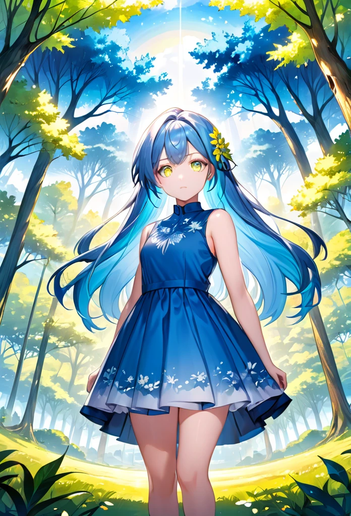 "((highest quality)), ((masterpiece, best quality:1.2)), character with heterochromia, blue and light blue eye, blue hair with yellow highlights, tree in the center of the image, title 'Equestria Girls: The Legacy Volume 1', anime styling, manga cover."