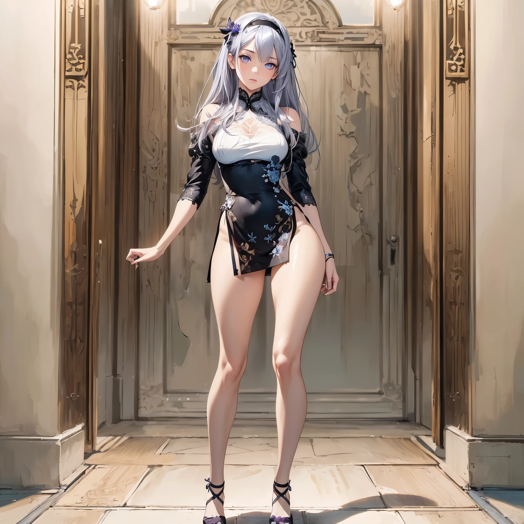 ((1girl, solo)), beautiful body, (perfect anatomy, perfect body, perfect hands, perfect legs), natural proportions, sexy body, large breasts, ((full body, full body front)) BREAK
((extremely detailed face)), (beautiful detailed eyes:1.6), (realistic pupils, realistic iris:1), expressive eyes, looking at viewer, (clear eyes:1.3), (hyperrealistic:1.2), (detailed skin texture:1.2), smooth skin, ((purple eyes)), ((silver hair)), silver hair with blue tips, long hair, (hairband:1.3), ((black hairband)), bangs, ((hair ornament)), (detailed lips:1.2), (attractive lips:1.1), (glossy lips:1), perfect face, perfect eyes BREAK
(masterpiece:1.5), anime-style, top quality, best quality, (beautiful and aesthetic:1.2), (ultra detail:1.5), Ultra-detailed depiction, Ultra-precise depiction, extremely detailed 8k illustration, high resolution, (highly detailed shading:1.2), (realistic lighting:1.4), perfect lighting, vibrant colors, dynamic tones, striking hues, 8k, absurd resolution, perfect shadows, hdr, UHD, ambient lighting, realistic, ultra-realistic, photo realistic, highly detailed, rich detail, luminous colors, fine texture, intricate design, professional illustration, (soft light:1.2), (illustration:0.7)