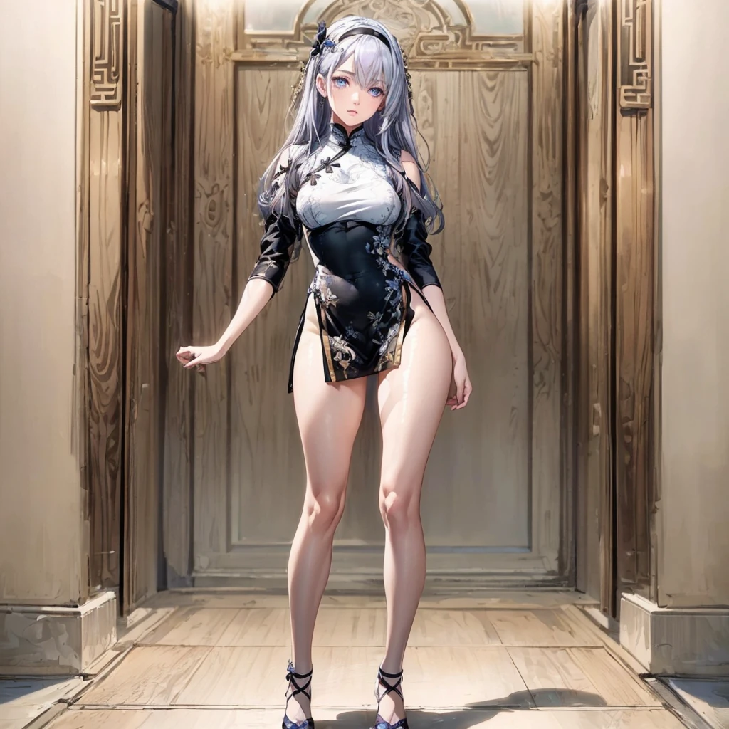((1girl, solo)), beautiful body, (perfect anatomy, perfect body, perfect hands, perfect legs), natural proportions, sexy body, large breasts, ((full body, full body front)) BREAK
((extremely detailed face)), (beautiful detailed eyes:1.6), (realistic pupils, realistic iris:1), expressive eyes, looking at viewer, (clear eyes:1.3), (hyperrealistic:1.2), (detailed skin texture:1.2), smooth skin, ((purple eyes)), ((silver hair)), silver hair with blue tips, long hair, (hairband:1.3), ((black hairband)), bangs, ((hair ornament)), (detailed lips:1.2), (attractive lips:1.1), (glossy lips:1), perfect face, perfect eyes BREAK
(masterpiece:1.5), anime-style, top quality, best quality, (beautiful and aesthetic:1.2), (ultra detail:1.5), Ultra-detailed depiction, Ultra-precise depiction, extremely detailed 8k illustration, high resolution, (highly detailed shading:1.2), (realistic lighting:1.4), perfect lighting, vibrant colors, dynamic tones, striking hues, 8k, absurd resolution, perfect shadows, hdr, UHD, ambient lighting, realistic, ultra-realistic, photo realistic, highly detailed, rich detail, luminous colors, fine texture, intricate design, professional illustration, (soft light:1.2), (illustration:0.7)