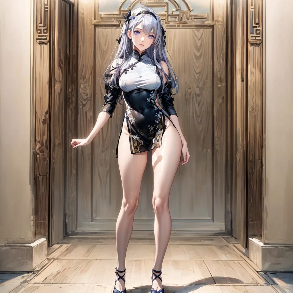 ((1girl, solo)), beautiful body, (perfect anatomy, perfect body, perfect hands, perfect legs), natural proportions, sexy body, large breasts, ((full body, full body front)) BREAK

((extremely detailed face)), (beautiful detailed eyes:1.6), (realistic pupils, realistic iris:1), expressive eyes, looking at viewer, (clear eyes:1.3), (hyperrealistic:1.2), (detailed skin texture:1.2), smooth skin, ((purple eyes)), ((silver hair)), silver hair with blue tips, long hair, (hairband:1.3), ((black hairband)), bangs, ((hair ornament)), (detailed lips:1.2), (attractive lips:1.1), (glossy lips:1), perfect face, perfect eyes BREAK

(masterpiece:1.5), anime-style, top quality, best quality, (beautiful and aesthetic:1.2), (ultra detail:1.5), Ultra-detailed depiction, Ultra-precise depiction, extremely detailed 8k illustration, high resolution, (highly detailed shading:1.2), (realistic lighting:1.4), perfect lighting, vibrant colors, dynamic tones, striking hues, 8k, absurd resolution, perfect shadows, hdr, UHD, ambient lighting, realistic, ultra-realistic, photo realistic, highly detailed, rich detail, luminous colors, fine texture, intricate design, professional illustration, (soft light:1.2), (illustration:0.7)