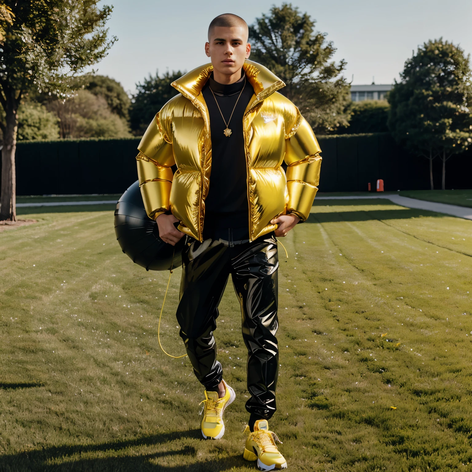 full view full body, one Slim young white guy with light-brown undercut clean shaved haircut, golden rings, necklaces, wearing full length shiny skintight rubber grass with a black North Face puffer jacket blistered with air, over-inflated like an inflatable buoy and white Nike TN trainers, waiting standing front college entry