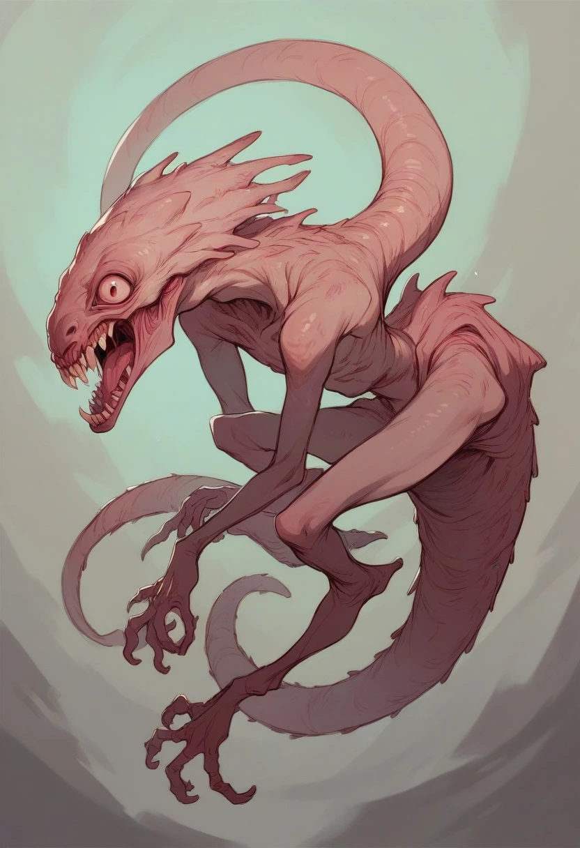 create a scary realistic big alien,pink and flesh color,with 4 legs,sharp teeth and big eyes