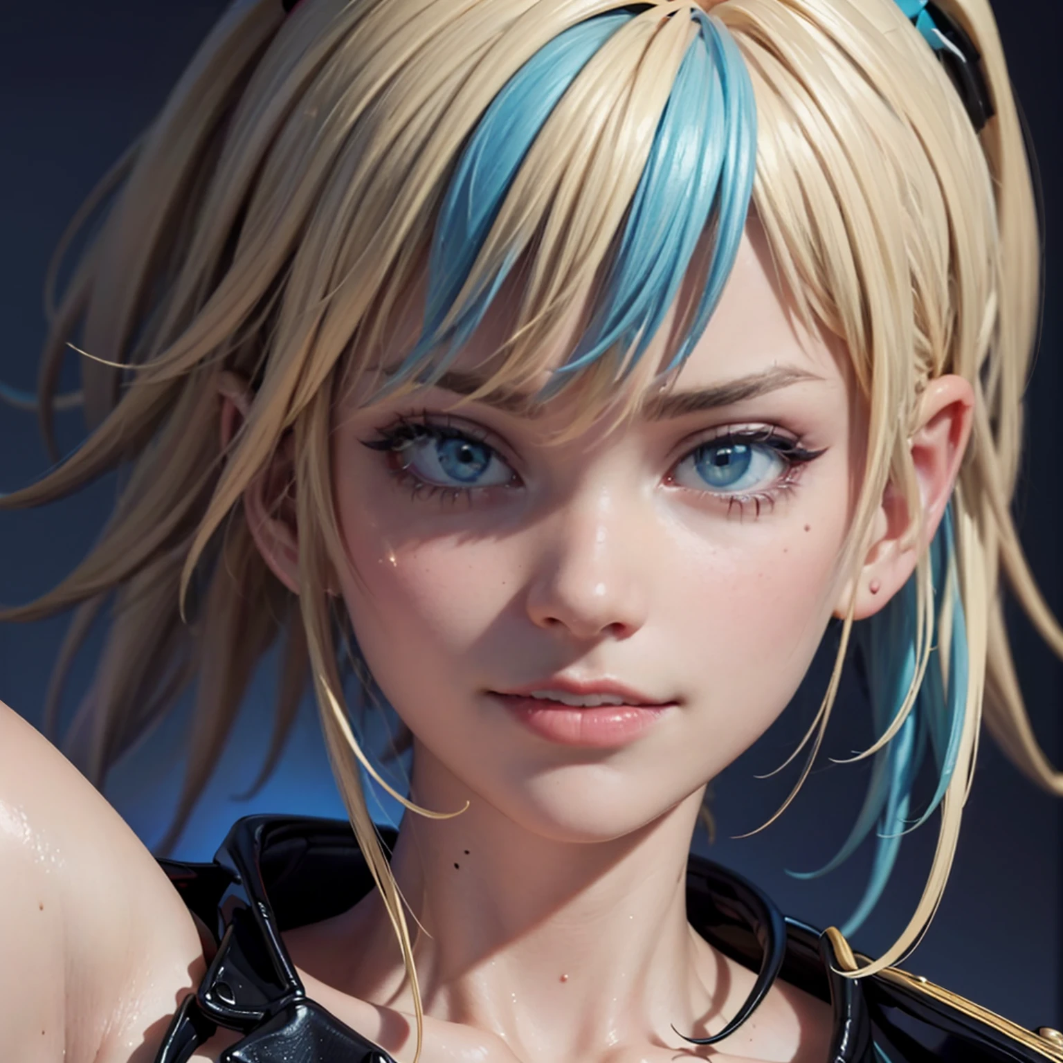 A photorealistic digital portrait of a young woman with glowing blue eyes, high cheekbones, and flowing blue hair, detailed facial features, beautiful detailed eyes, beautiful detailed lips, extremely detailed eyes and face, long eyelashes, intricate facial markings, ethereal, mystical, fantasy, sci-fi, dramatic lighting, vibrant colors, digital art, highly detailed, 8k, best quality, masterpiece