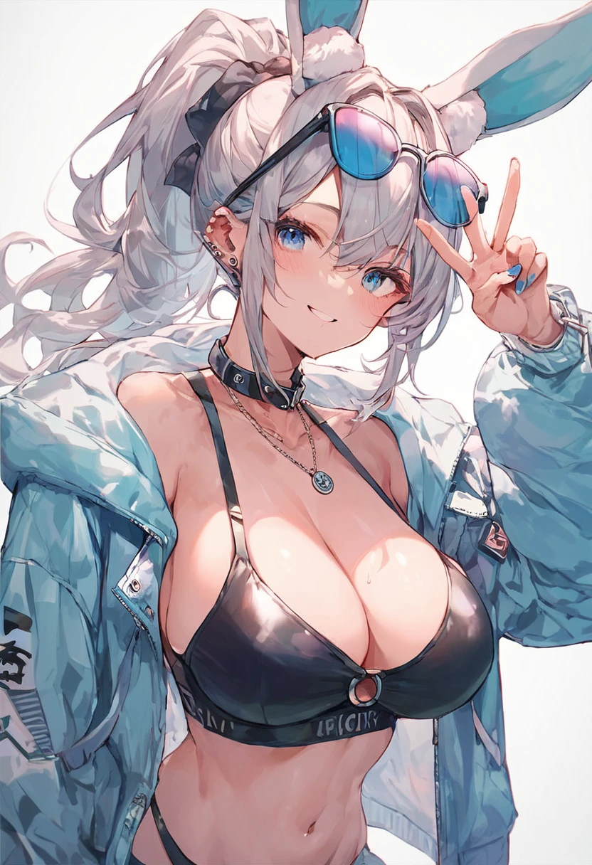 score_9,score_8,score_7,score_8_up,score_7_up a cartoon girl with big bunny ears wearing swimwear giving the peace sign, 1girl, breasts, blue eyes, solo, animal ears, navel, v, large breasts, eyewear on head, ponytail, grey hair, jacket