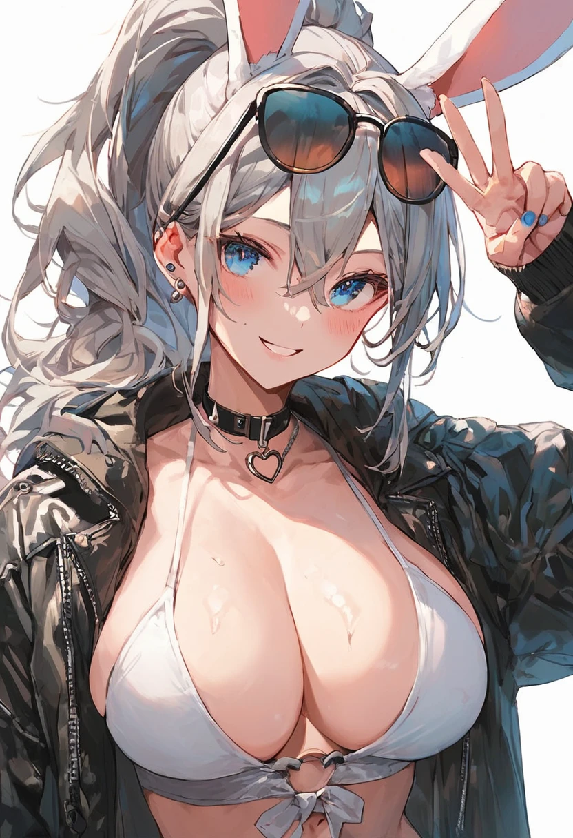 score_9,score_8,score_7,score_8_up,score_7_up a cartoon girl with big bunny ears wearing swimwear giving the peace sign, 1girl, breasts, blue eyes, solo, animal ears, navel, v, large breasts, eyewear on head, ponytail, grey hair, jacket
