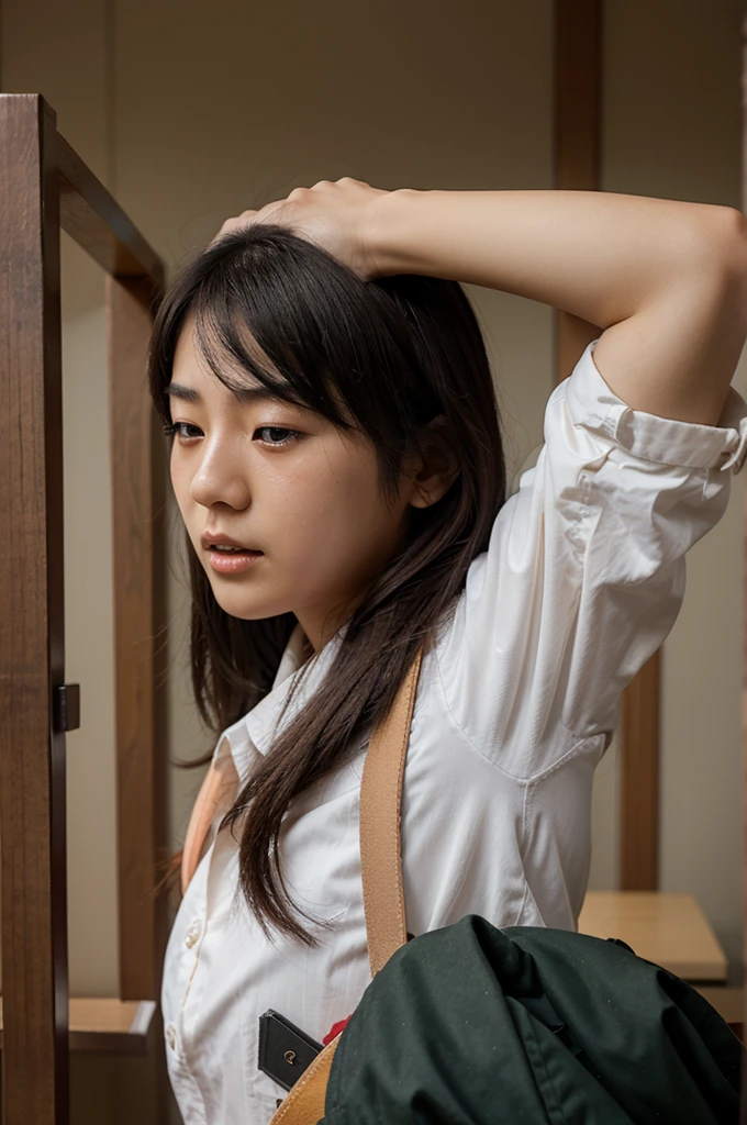a female japanese student but she has no eyes, everything is bloody and is chasing you