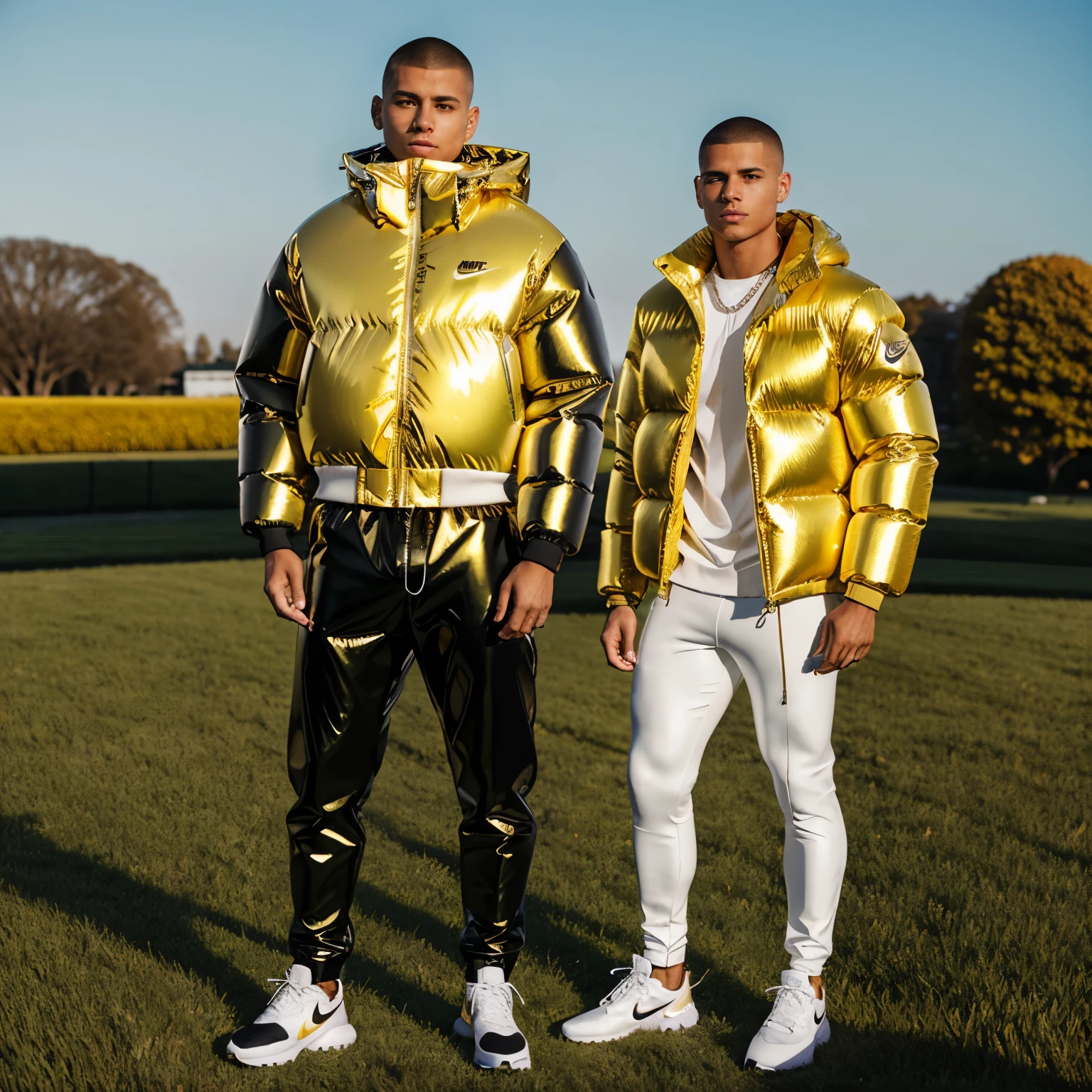 full view full body, one Slim young white guy with light-brown undercut clean shaved haircut, golden rings, necklaces, wearing full length shiny skintight rubber grass with a black North Face puffer jacket blistered with air, over-inflated like an inflatable buoy and white Nike TN trainers, waiting standing front college entry