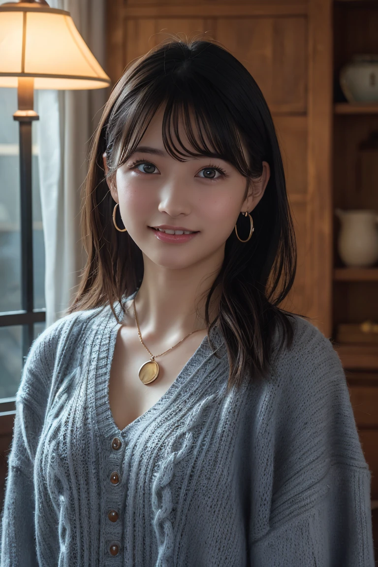 (Highest quality:1.4),(masterpiece:1.4),(Realistic:1.4),(Realistic:1.2),(超High resolution, RAW Photos:1.4),(High resolution, Super detailed:1.2),(8K:1.2),View your audience,Cinematography,One Girl,skeletally correct，Black-haired woman，(Small earrings，necklace，Summer knitwear，View from the front),（Inside the Western-style building，Dimly lit room，The lamplight shines on my cheeks）smile
