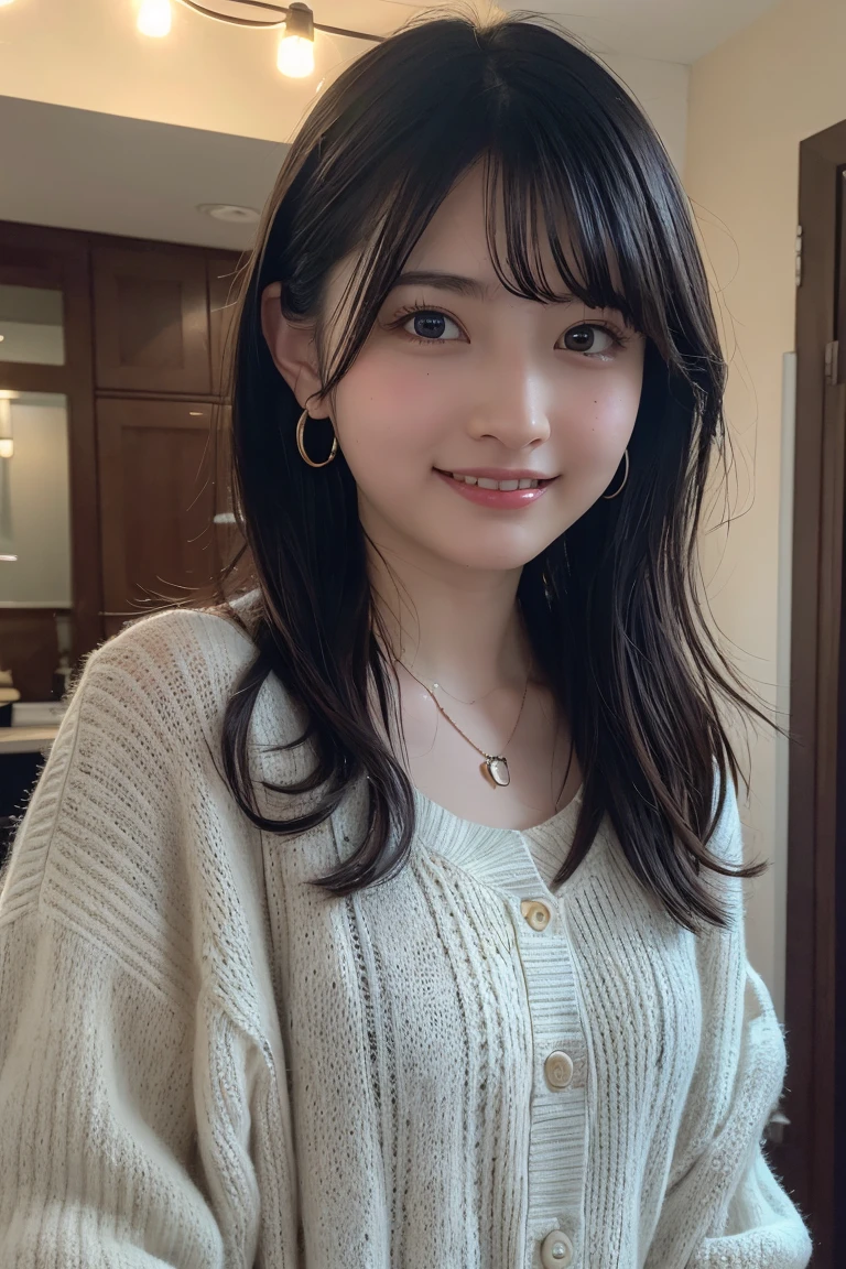 (Highest quality:1.4),(masterpiece:1.4),(Realistic:1.4),(Realistic:1.2),(超High resolution, RAW Photos:1.4),(High resolution, Super detailed:1.2),(8K:1.2),View your audience,Cinematography,One Girl,skeletally correct，Black-haired woman，(Small earrings，necklace，Summer knitwear，View from the front),（Inside the Western-style building，Dimly lit room，The lamplight shines on my cheeks）smile