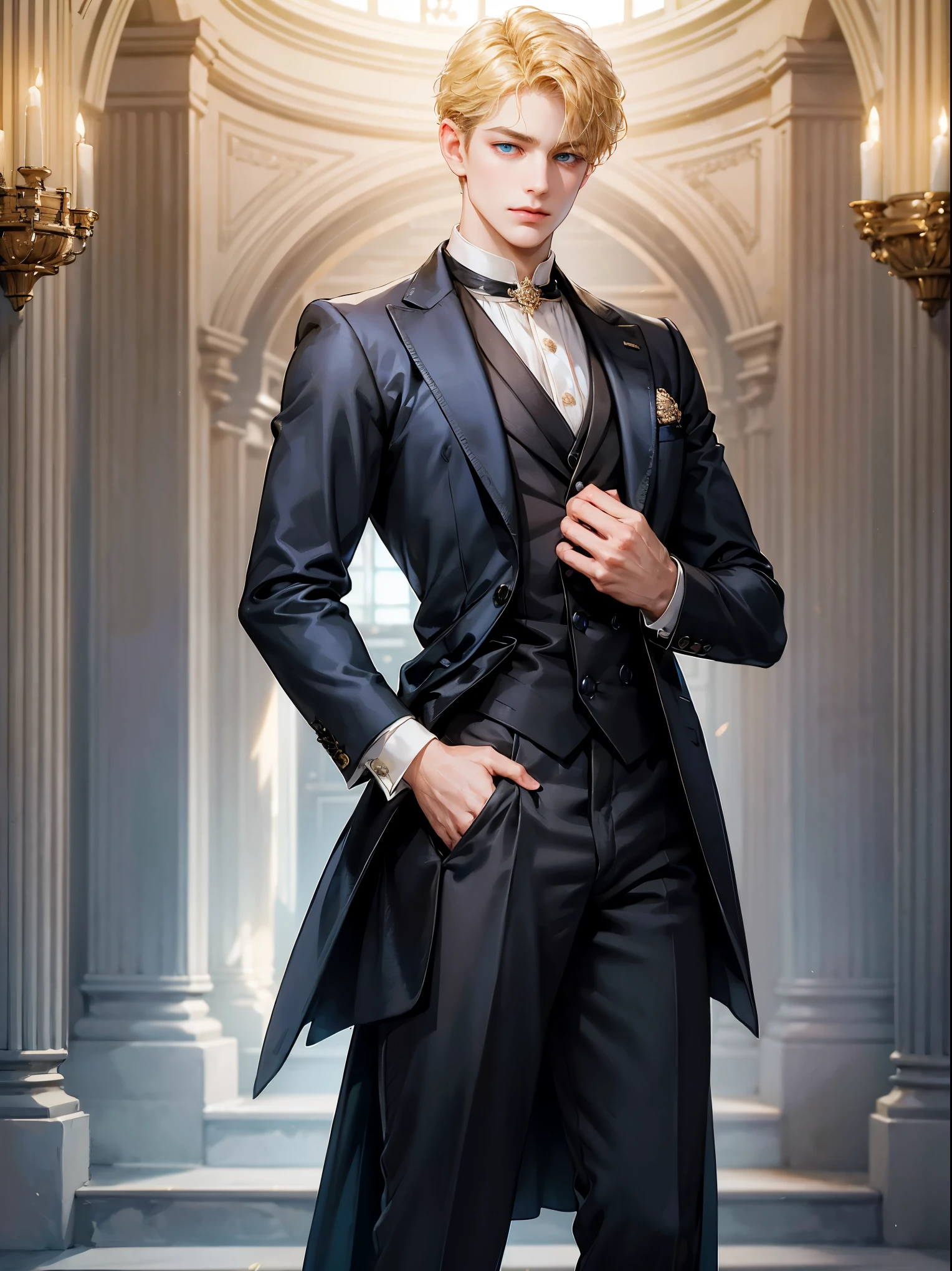 A boy, short blonde hair, wavy hair, sky blue eyes. He wears a black, simple Victorian-era man's suit. Handsome boy, detailed eyes, detailed face, detailed hands. He looks at the viewer. He has his hands behind his back. Full figure. Background inside of a hall