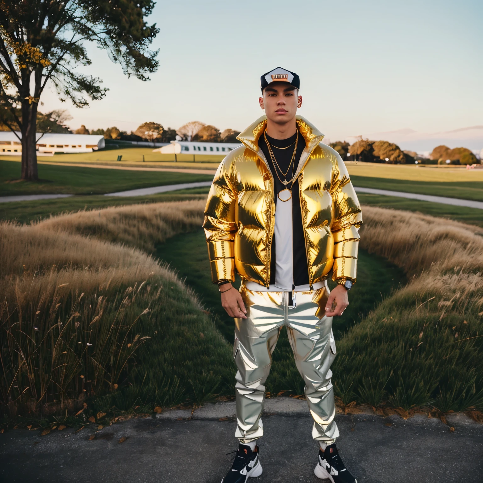 full view full body, one Slim young white guy with light-brown undercut clean shaved haircut, golden rings, necklaces, wearing full length shiny skintight rubber grass with a black North Face puffer jacket blistered with air, over-inflated like an inflatable buoy and white Nike TN trainers, waiting standing front college entry