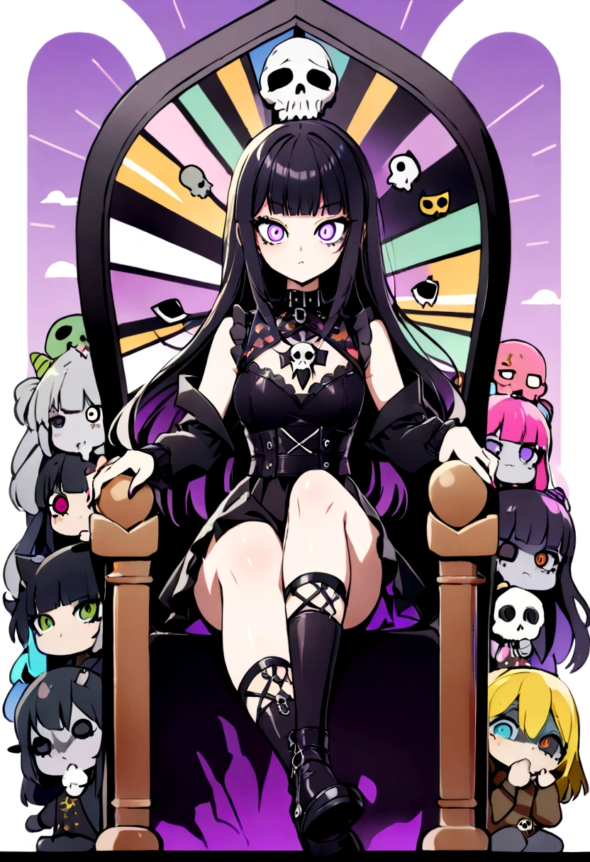 (Black Hair、Gray Hair:1.3),Black Feather、Gothic punk dress、Cat,Legs sticking out,Sit on a chair, Crossing your legs、Throne,anime zombie witch design, Crossbones, skull, Streetwear Design, Provector, Horror Style, Full Design, Only 6 colors, Solid Colors, No Shadow, Full Design, Stickers, Bright colors, White Background.Ultra-fine illustrations,(((Beautiful fine hair))),(((Beautiful Faces))),(((Beautiful background))),(((Beautiful fine hair))),(((Beautiful Faces))),(((Beautiful background)))、Black Hair、Blunt bangs,Undershot((Right hand white eye,Left eye purple)),Otto Eyes