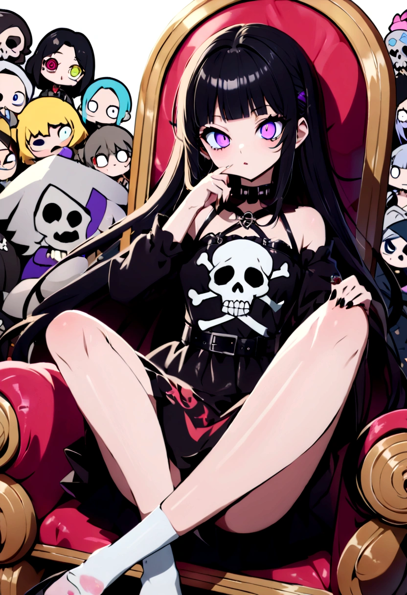 (Black Hair、Gray Hair:1.3),Black Feather、Gothic punk dress、Cat,Legs sticking out,Sit on a chair, Crossing your legs、Throne,anime zombie witch design, Crossbones, skull, Streetwear Design, Provector, Horror Style, Full Design, Only 6 colors, Solid Colors, No Shadow, Full Design, Stickers, Bright colors, White Background.Ultra-fine illustrations,(((Beautiful fine hair))),(((Beautiful Faces))),(((Beautiful background))),(((Beautiful fine hair))),(((Beautiful Faces))),(((Beautiful background)))、Black Hair、Blunt bangs,Undershot((Right hand white eye,Left eye purple)),Otto Eyes