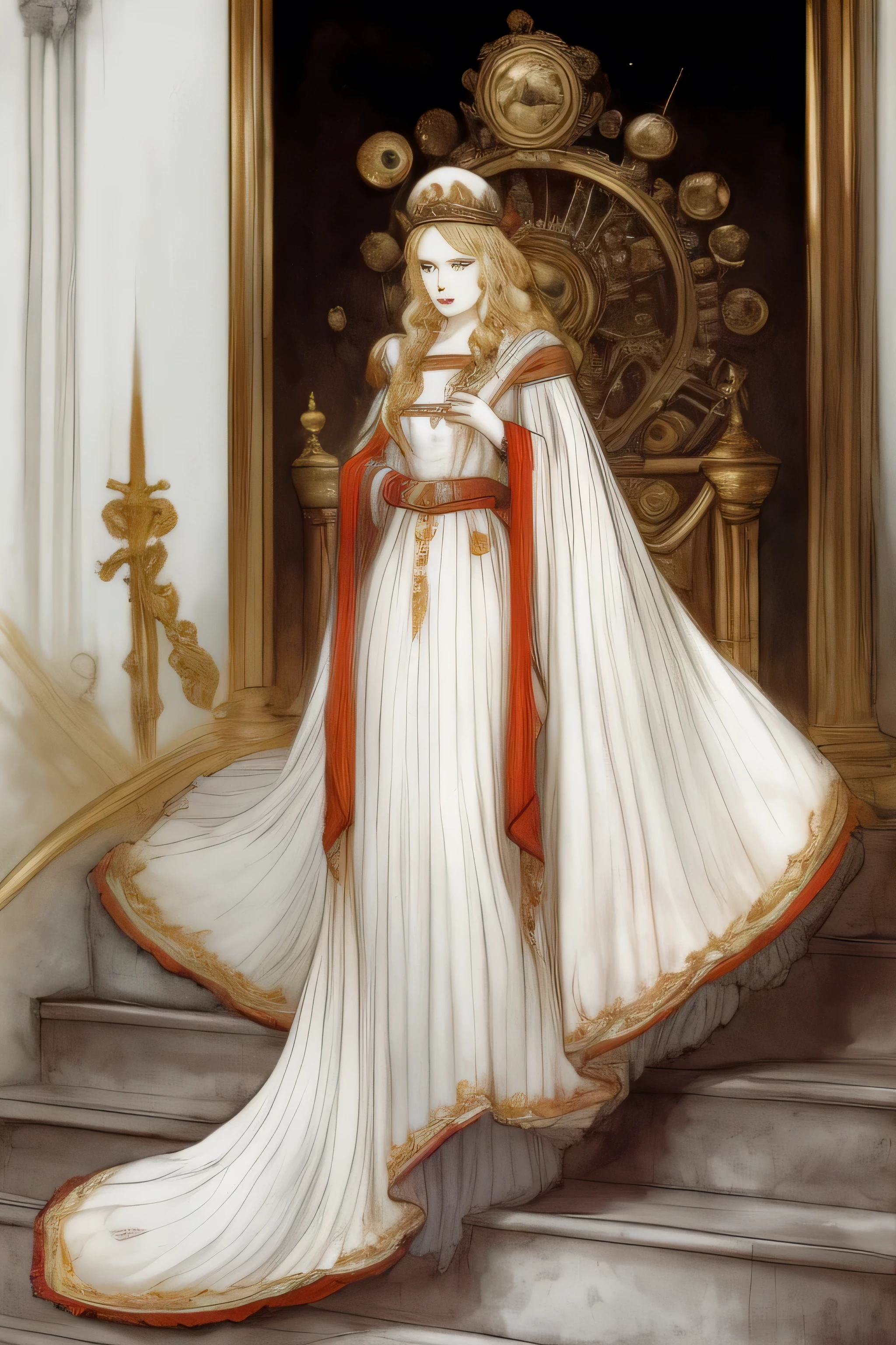 1 woman, 30 years old, solo focus, masterpiece, depth of field, highly detailed face and body, tall and slender, beautiful face, prettiest face, perfect face, tranquil expression, staring straight ahead, long and straight blonde hair, (white gown:1.4), elaborate diamond jewelry, (white pill box hat:1.4), (throne with red cushions behind her:1.2), standing on a dais, (train of gown flows down steps of dais:1.4), wall behind her covered in cogs and gears in copper and gold
 