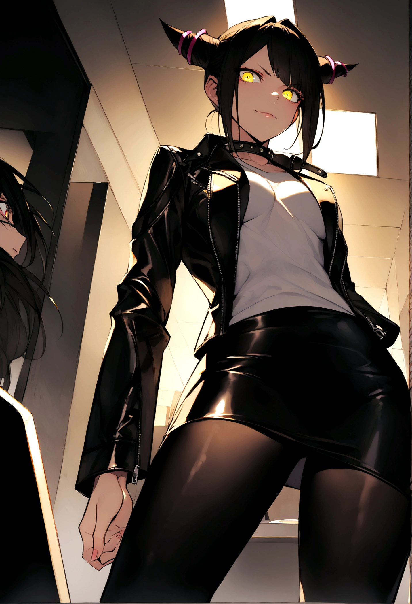 view from below,juri han,beautiful young,face detailed , with a very detailed and beautiful face, beautifuleyes, beautifuleyes, gorgeous face, beautiful young woman wearing long black leggings with black details, short mini skirt, usando leather jacket preta, Standing in an office, wearing black boots, horn hair, with black fringe, , evil smile ,white sweater with collar, tape around me, serious look,usando leather jacket preto, leather jacket,looking to the down,yellow lighting,legging