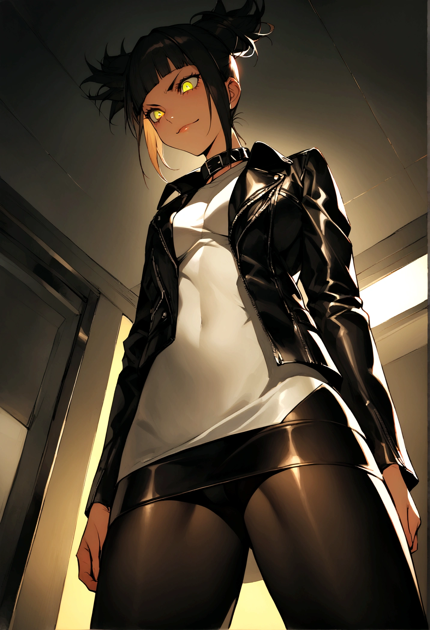 view from below,juri han,beautiful young,face detailed , with a very detailed and beautiful face, beautifuleyes, beautifuleyes, gorgeous face, beautiful young woman wearing long black leggings with black details, short mini skirt, usando leather jacket preta, Standing in an office, wearing black boots, horn hair, with black fringe, , evil smile ,white sweater with collar, tape around me, serious look,usando leather jacket preto, leather jacket,looking to the down,yellow lighting,legging