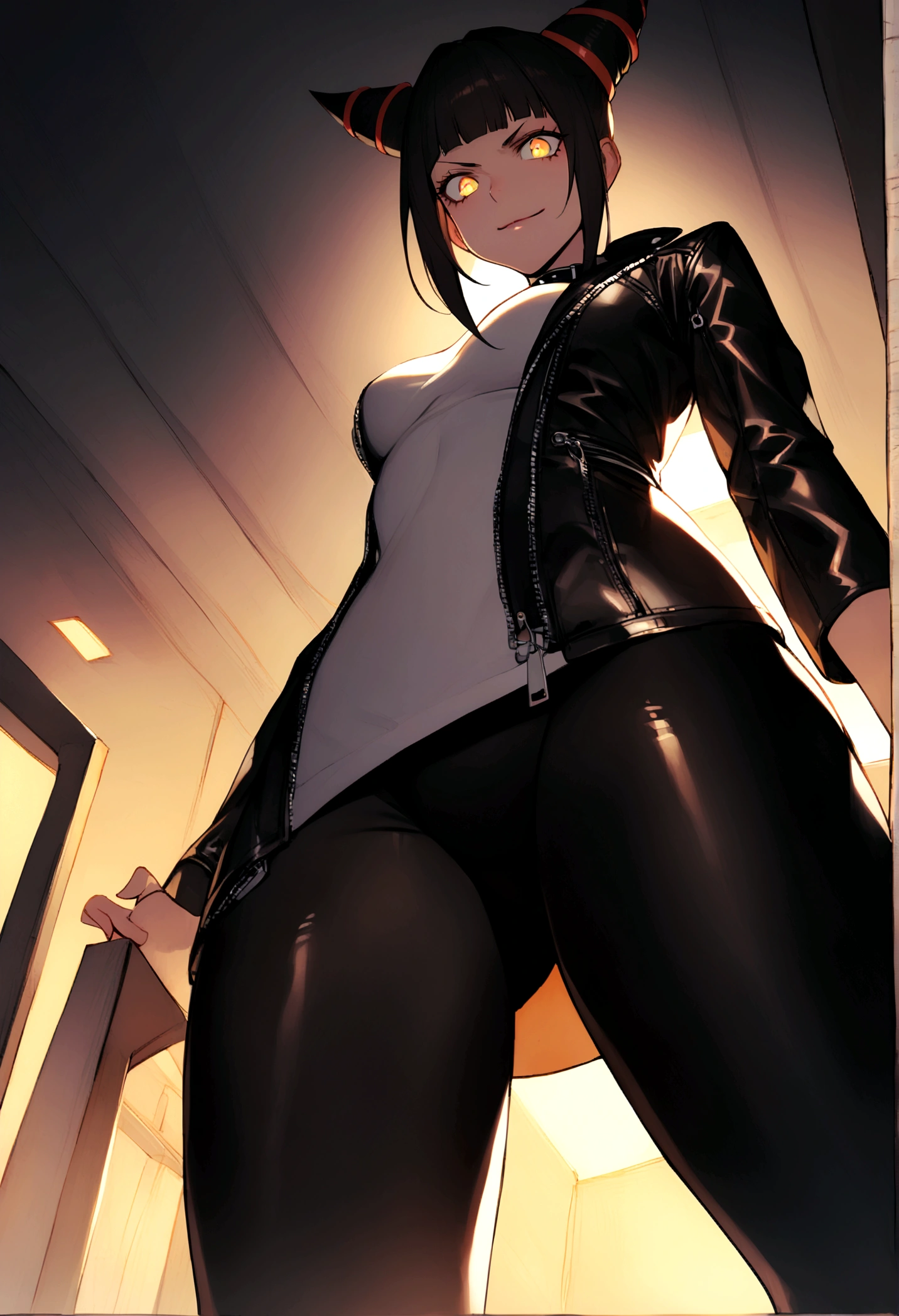 seen from below,juri han,beautiful young warrior , with a very detailed and beautiful face, beautifuleyes, beautifuleyes, gorgeous face, beautiful young woman wearing long black leggings with black details, short mini skirt, usando leather jacket preta, Standing in an office, wearing black boots, horn hair, with black fringe, , evil smile ,white sweater with collar, tape around me, serious look,usando leather jacket preto, leather jacket,looking to the down,yellow lighting,legging