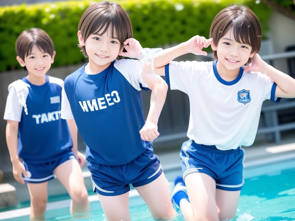 夏休みのprimary school校、Pool、primary school５Grade、Japan Boy、Glowing water splashes、A good boy dripping with water、hot day、Two Boys、Various poses、Short sleeve gym uniform、Blue shorts、physical education、barefoot，（Boy 1.4）、Boys only 、(１０Age 1.４)