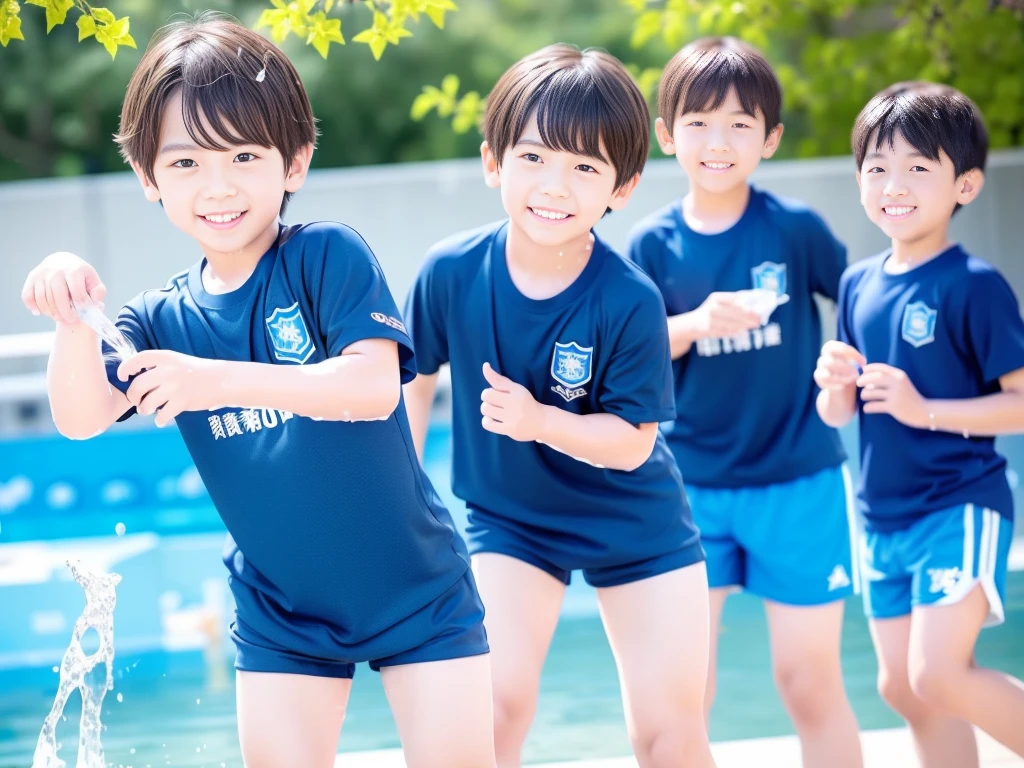 夏休みのprimary school校、Pool、primary school5Grade、Japan Boy、Glowing water splashes、A good boy dripping with water、hot day、Two Boys、Various poses、Short sleeve gym uniform、Blue shorts、physical education、barefoot,(Boy 1.4)、Boys only 、(10Age 1.4)